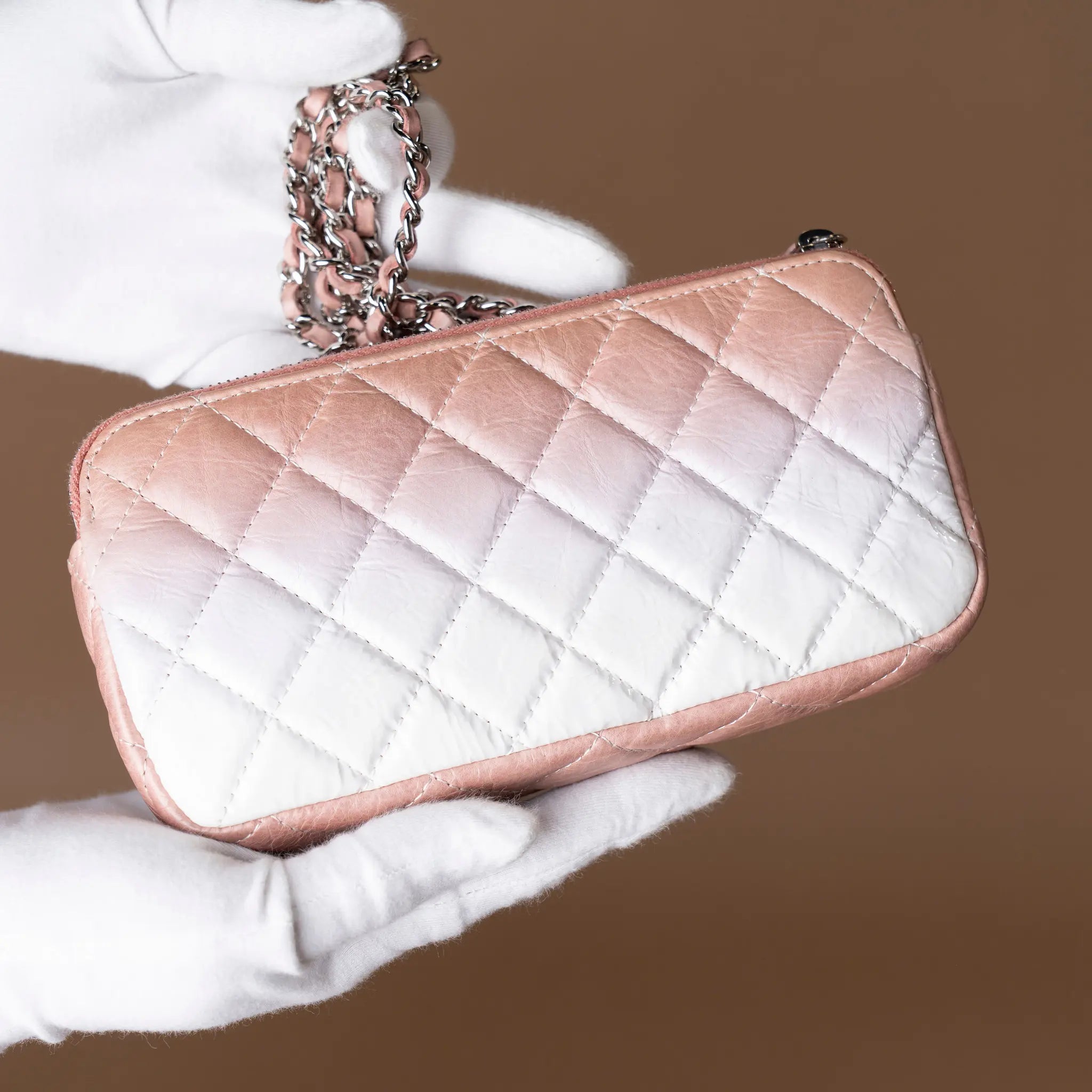 Chanel Ombre Calfskin Double Zip Clutch On Chain — Close-up Detail