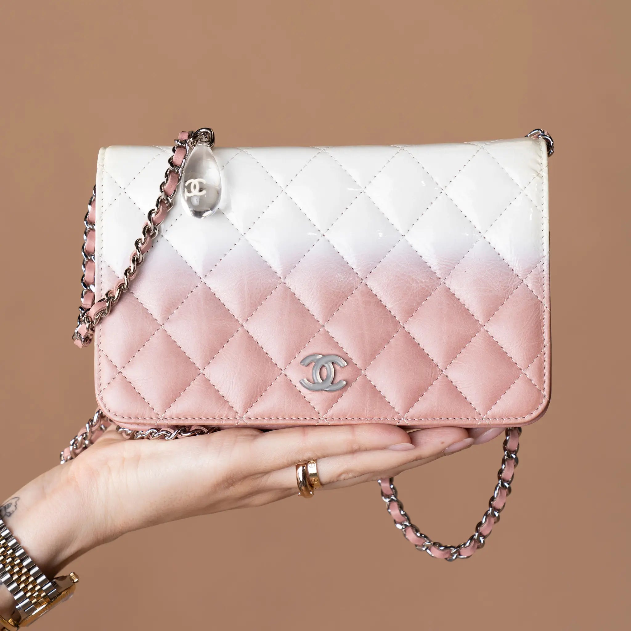 Chanel Ombre Patent and Aged Calfskin Crystal Wallet On Chain — Front View