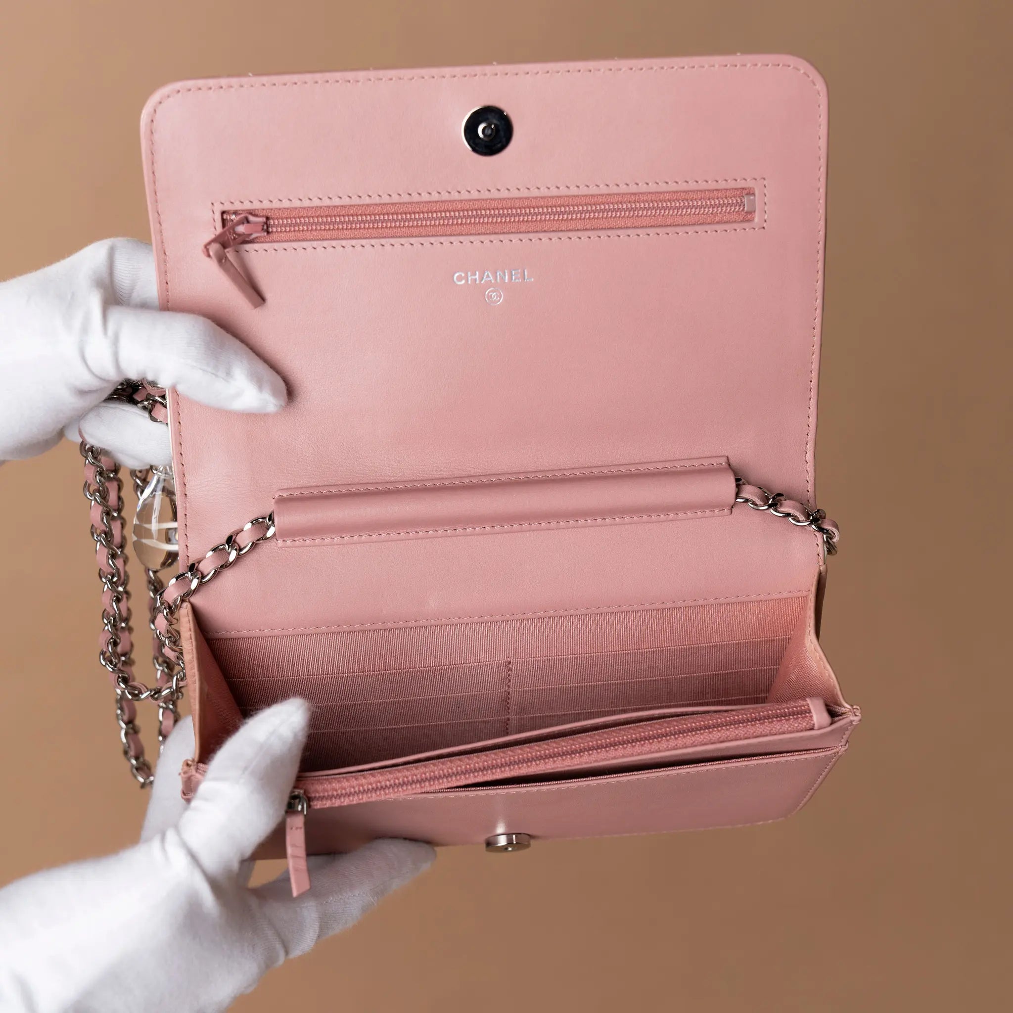 Chanel Ombre Patent and Aged Calfskin Crystal Wallet On Chain — Side Profile
