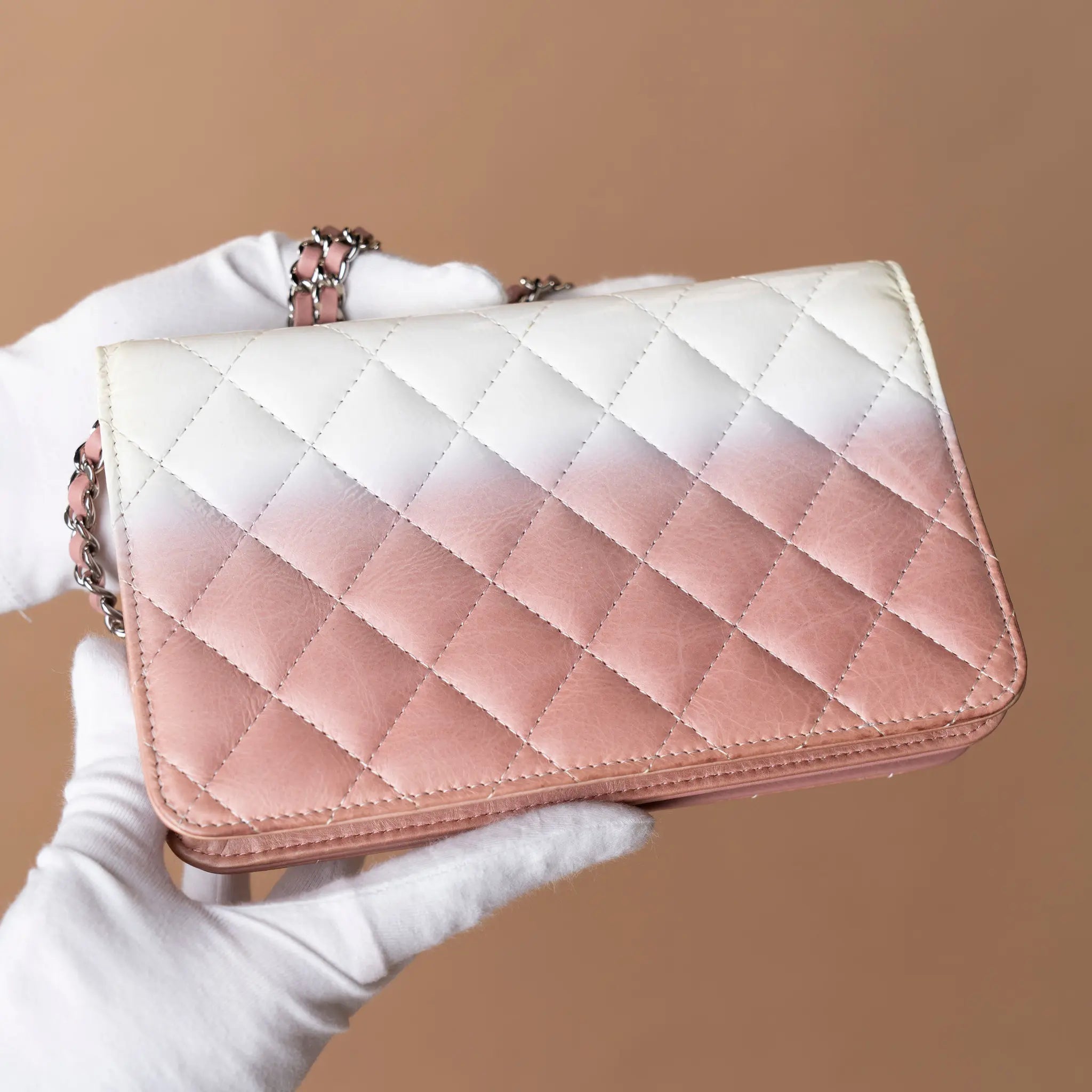 Chanel Ombre Patent and Aged Calfskin Crystal Wallet On Chain — Close-up Detail