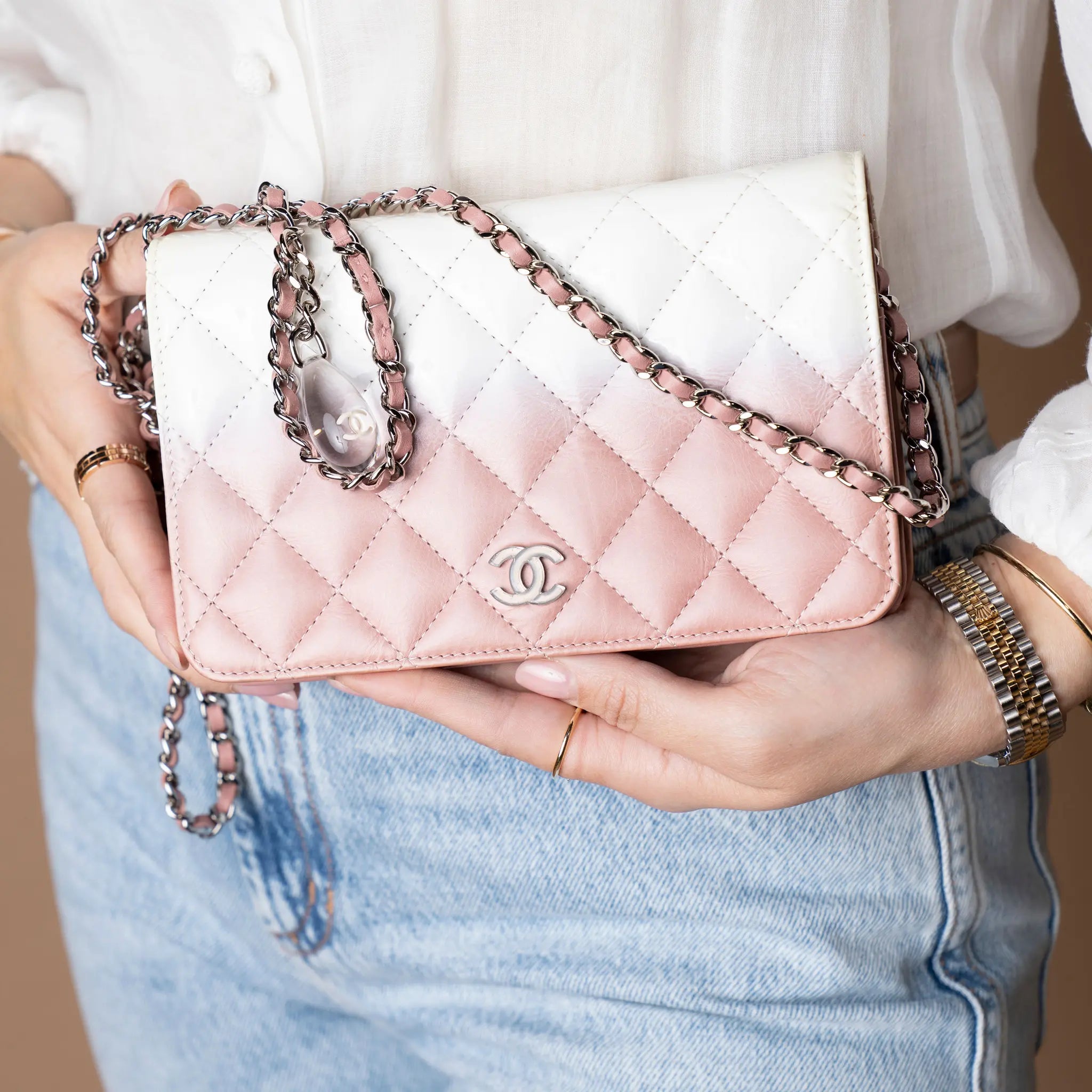 Chanel Ombre Patent and Aged Calfskin Crystal Wallet On Chain — Detail View