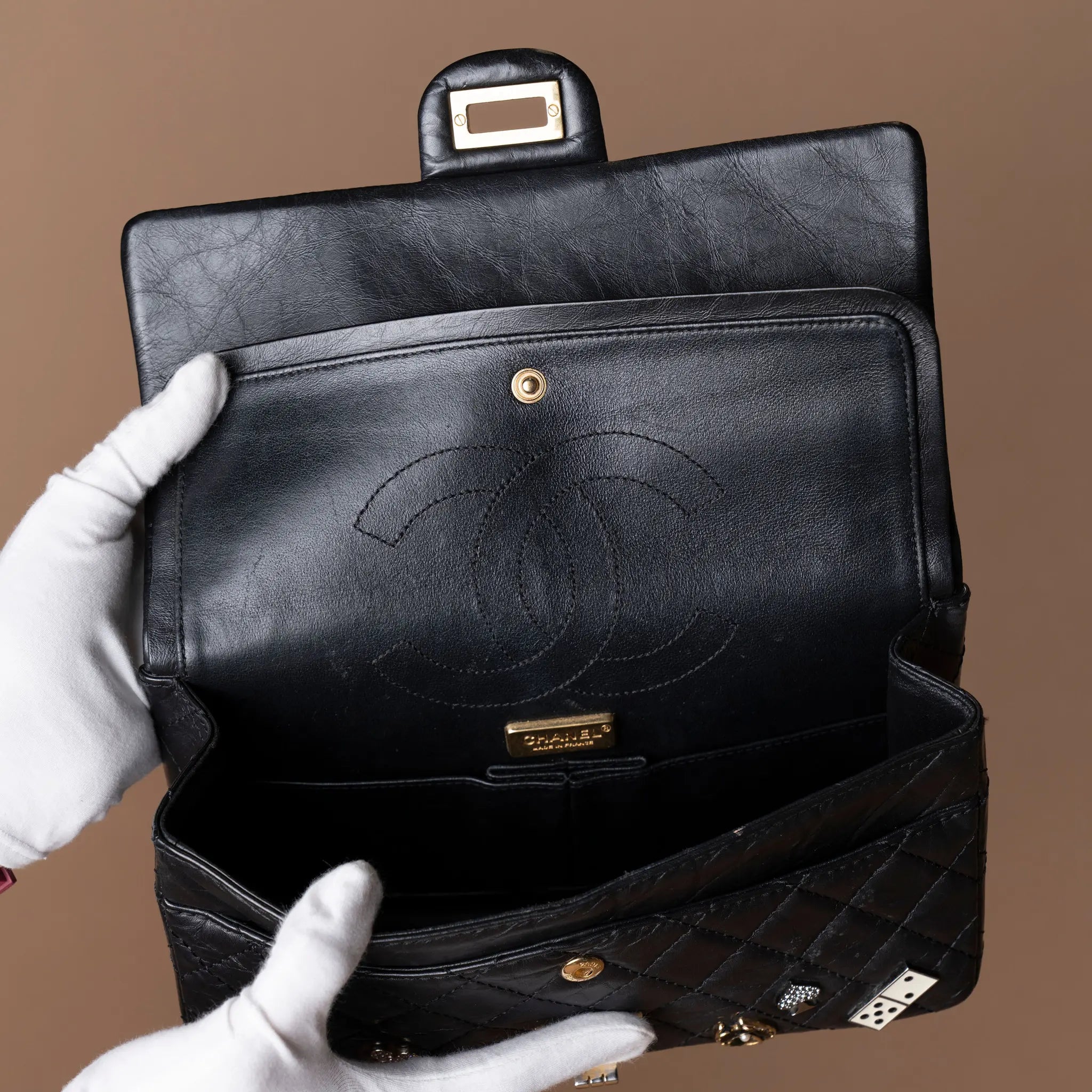 Chanel Quilted Aged Calfskin Reissue 2.55 Lucky Charms Double Flap 225 — Side Profile