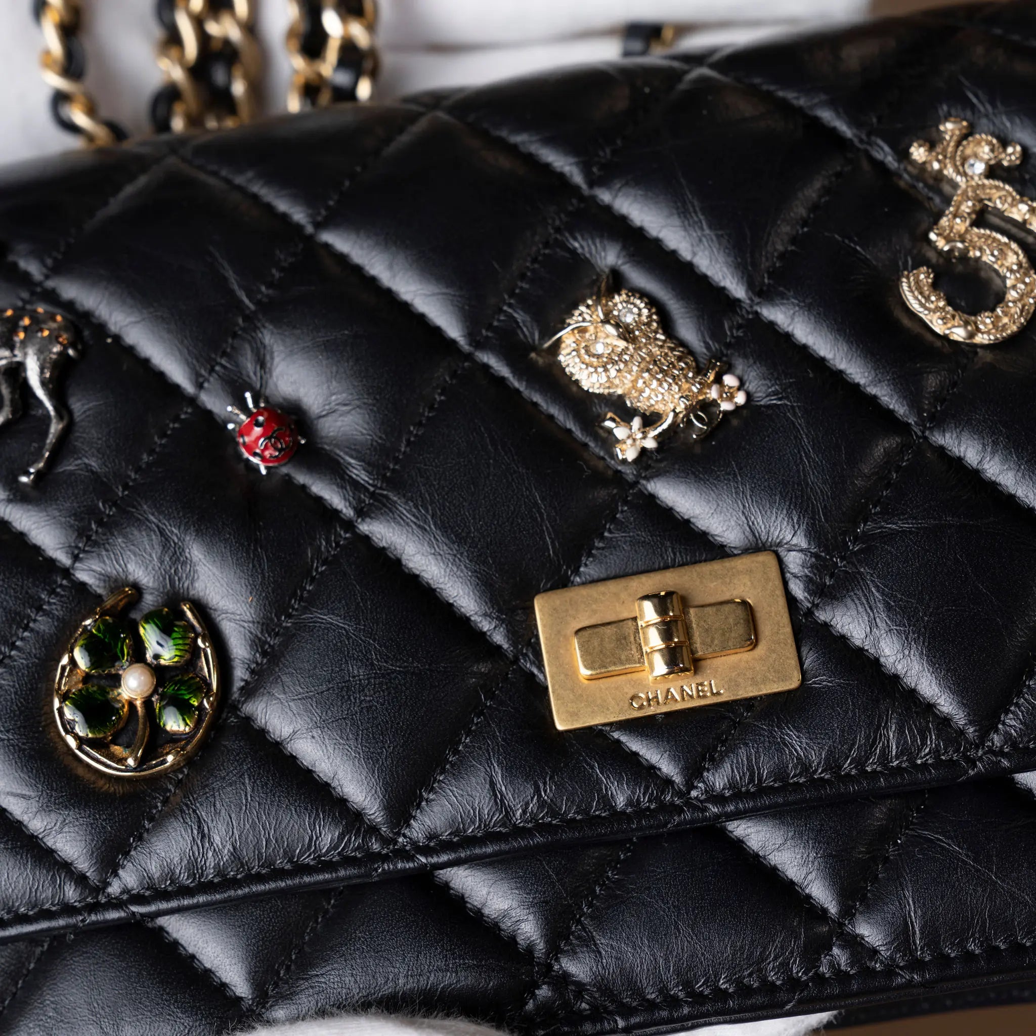 Chanel Quilted Aged Calfskin Reissue 2.55 Lucky Charms WOC — Detail View