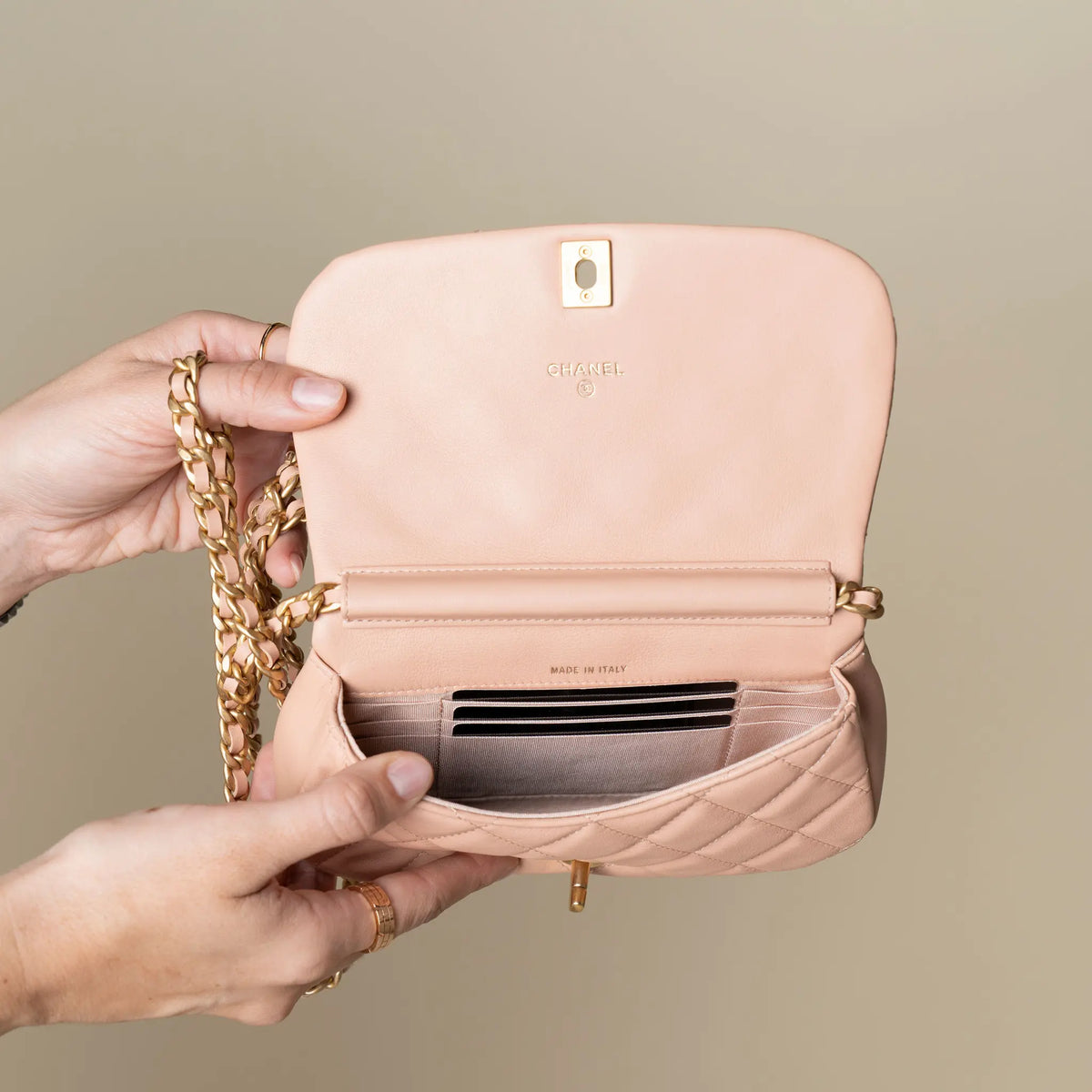 Chanel Quilted Calfskin Coco Mail Clutch with Chain — Side Profile