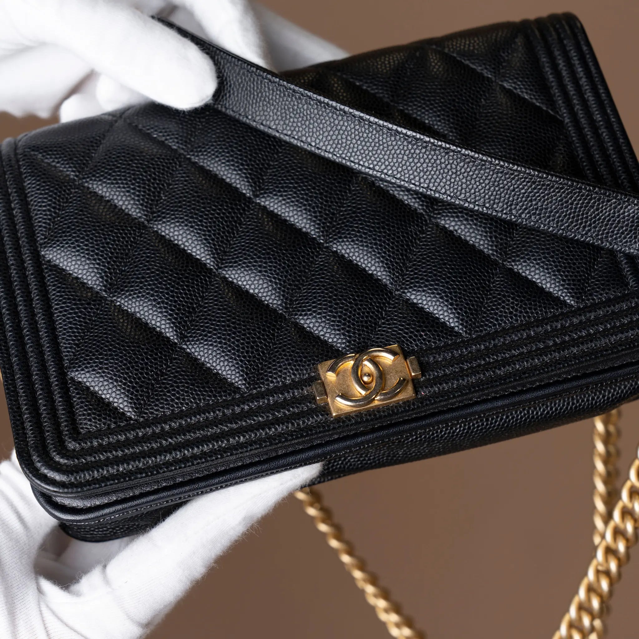 Chanel Quilted Caviar Boy Wallet on Chain — Side Profile