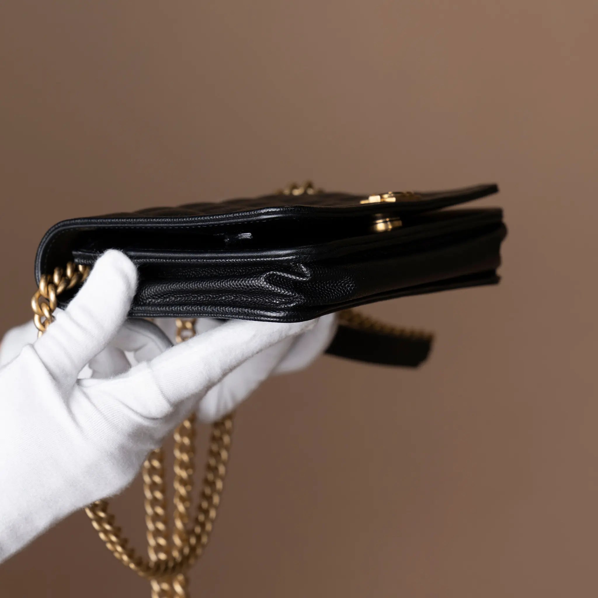 Chanel Quilted Caviar Boy Wallet on Chain — Close-up Detail