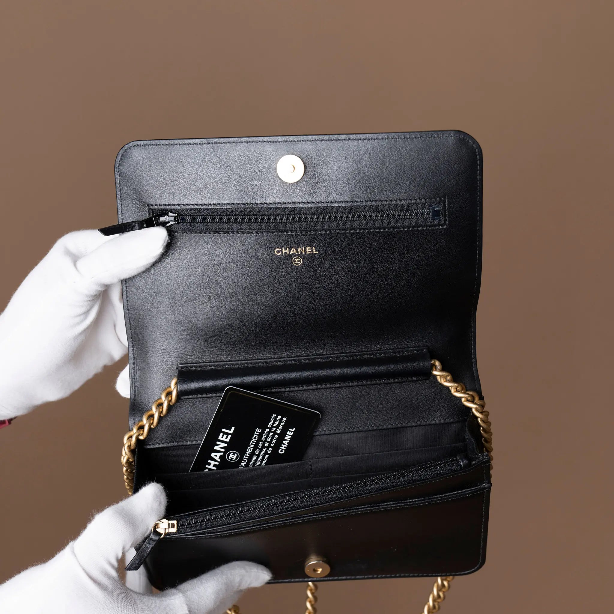 Chanel Quilted Caviar Boy Wallet on Chain — Detail View