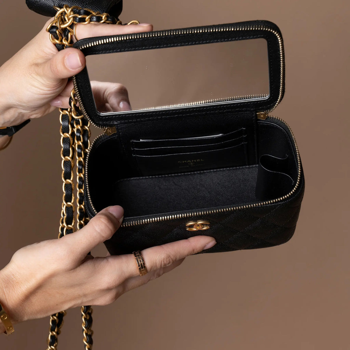 Chanel Quilted Caviar CC Vanity Case With Chain — Front View