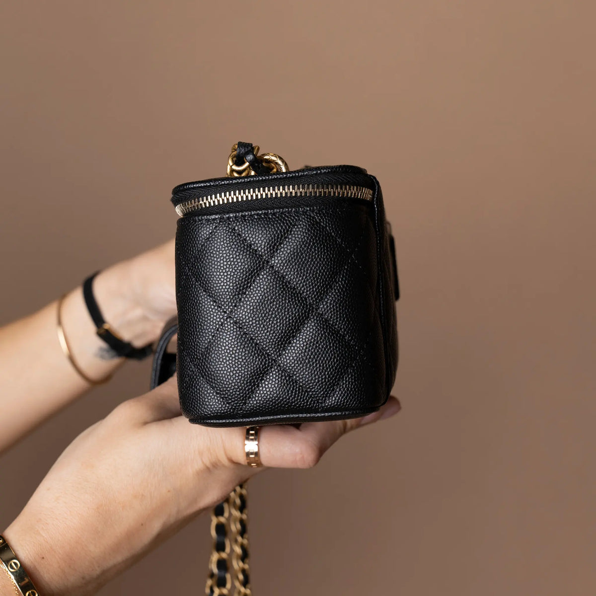 Chanel Quilted Caviar CC Vanity Case With Chain — Side Profile