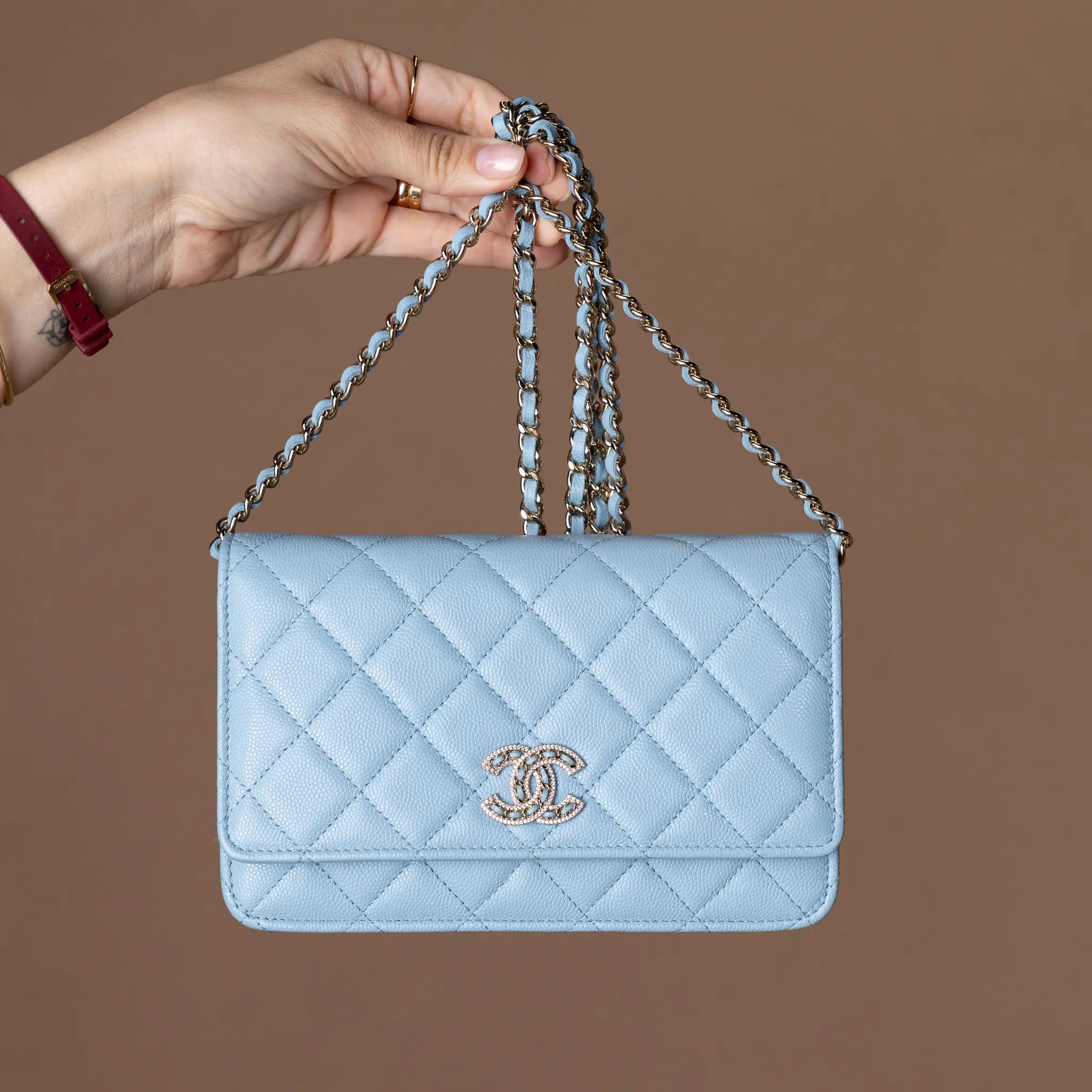 Chanel Quilted Caviar Crystal Enamel CC Wallet On Chain — Front View