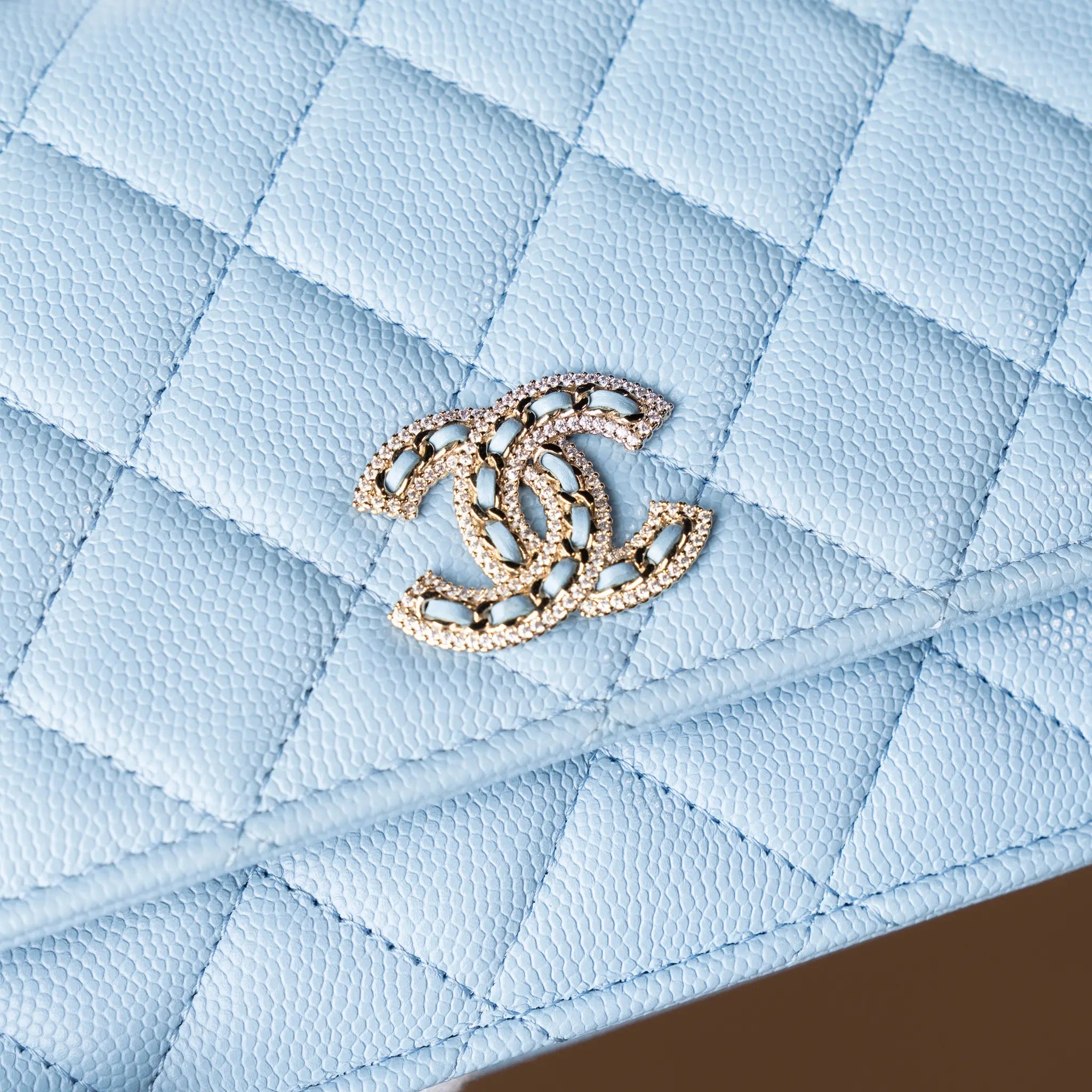 Chanel Quilted Caviar Crystal Enamel CC Wallet On Chain — Side Profile