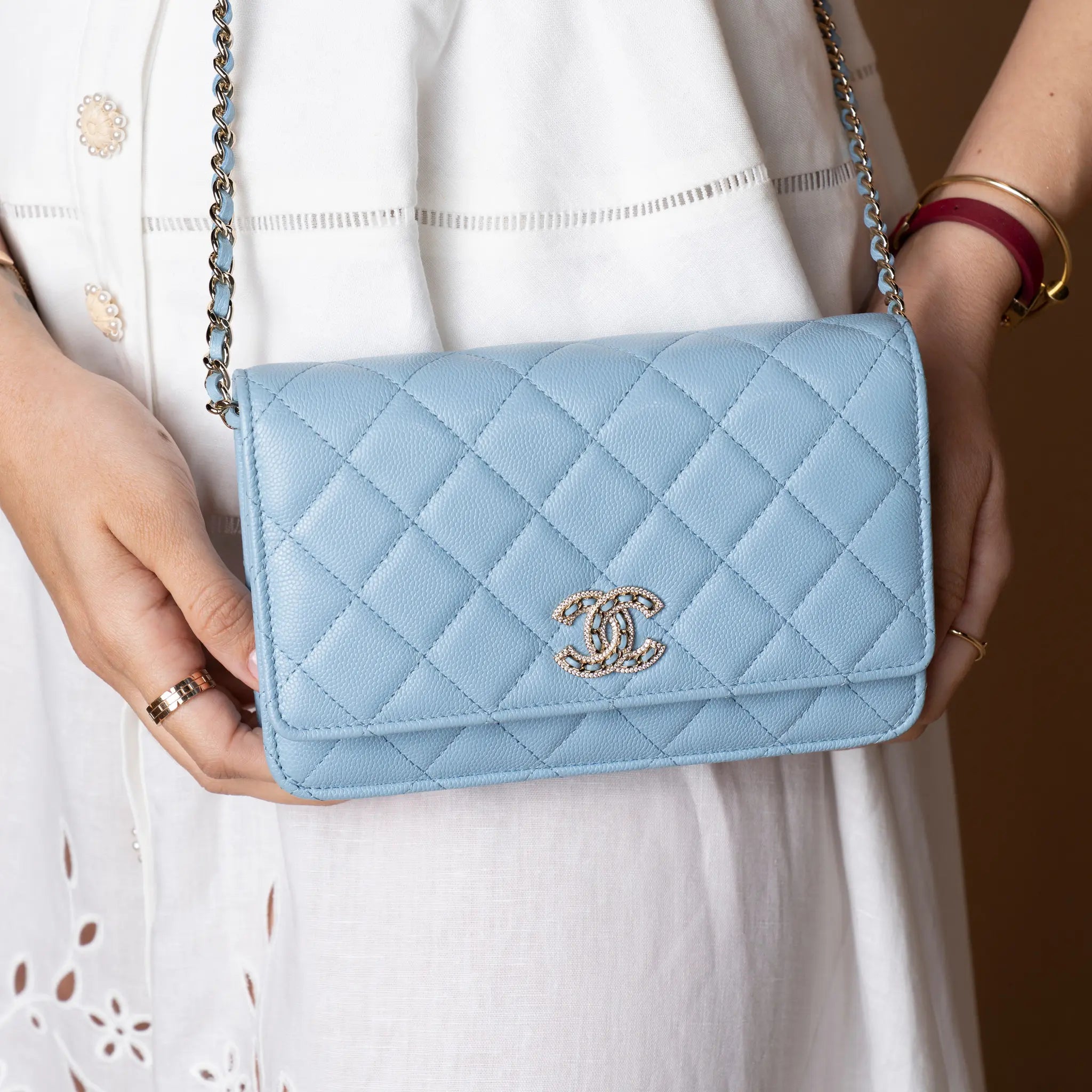 Chanel Quilted Caviar Crystal Enamel CC Wallet On Chain — Detail View