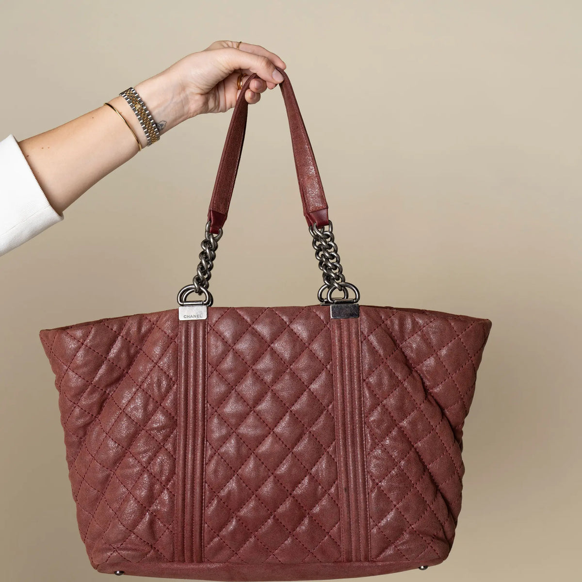Chanel Quilted Iridescent Calfskin Gentle Boy Tote — Side Profile