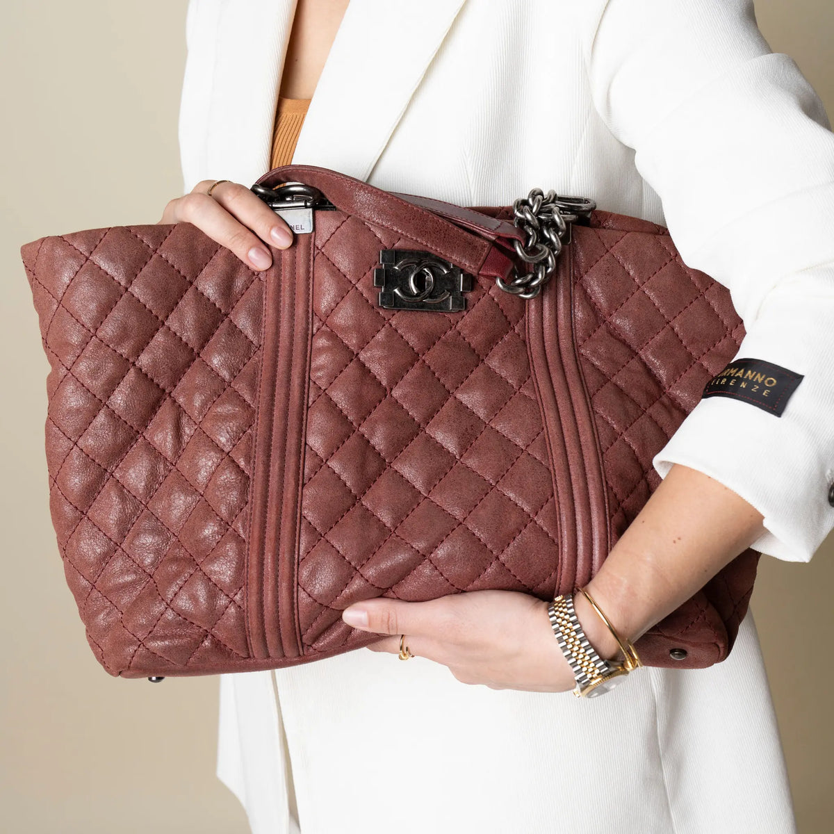 Chanel Quilted Iridescent Calfskin Gentle Boy Tote — Detail View