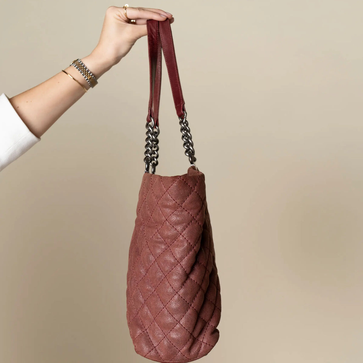 Chanel Quilted Iridescent Calfskin Gentle Boy Tote — Detail View