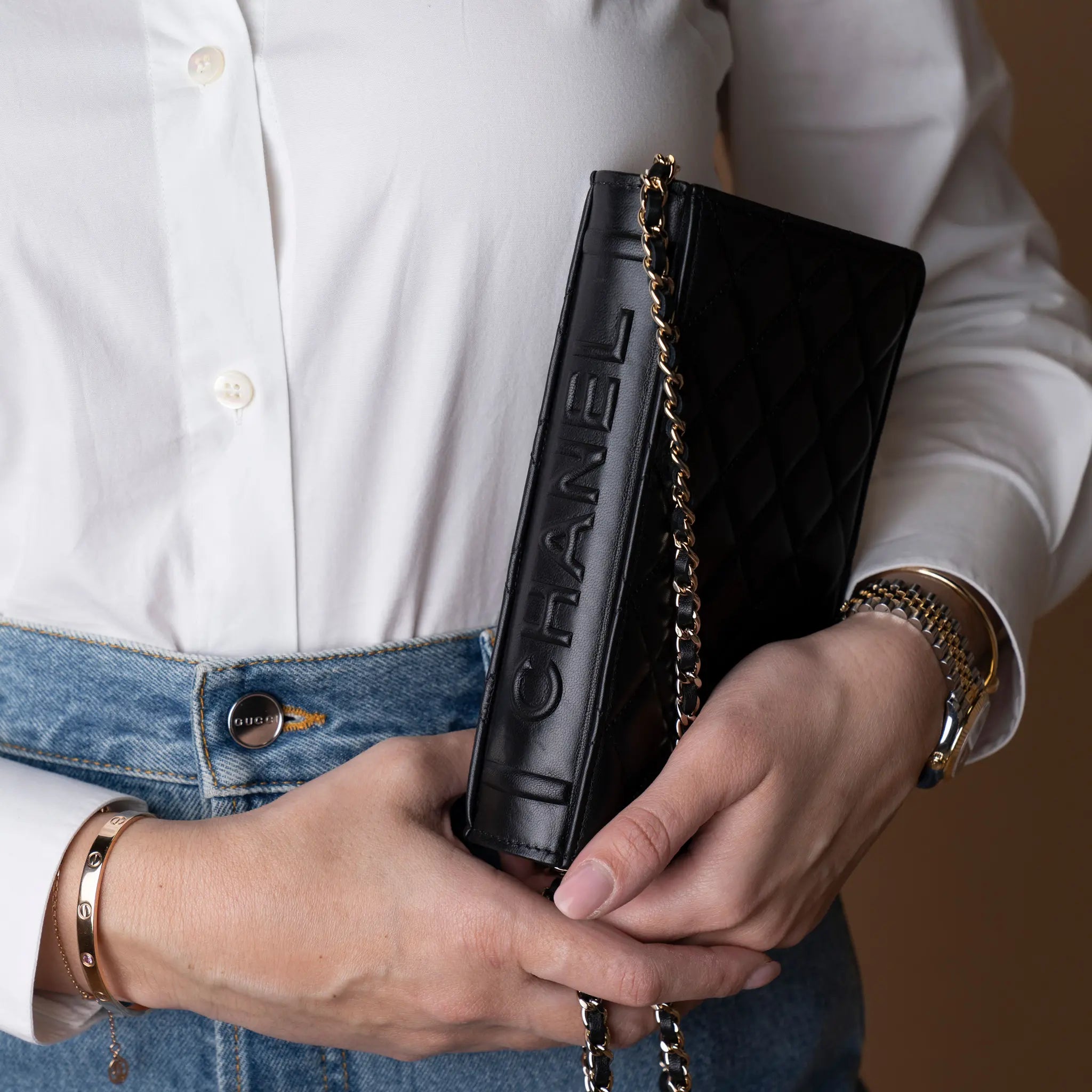 Chanel Quilted Lambskin Book Wallet On Chain — Side Profile
