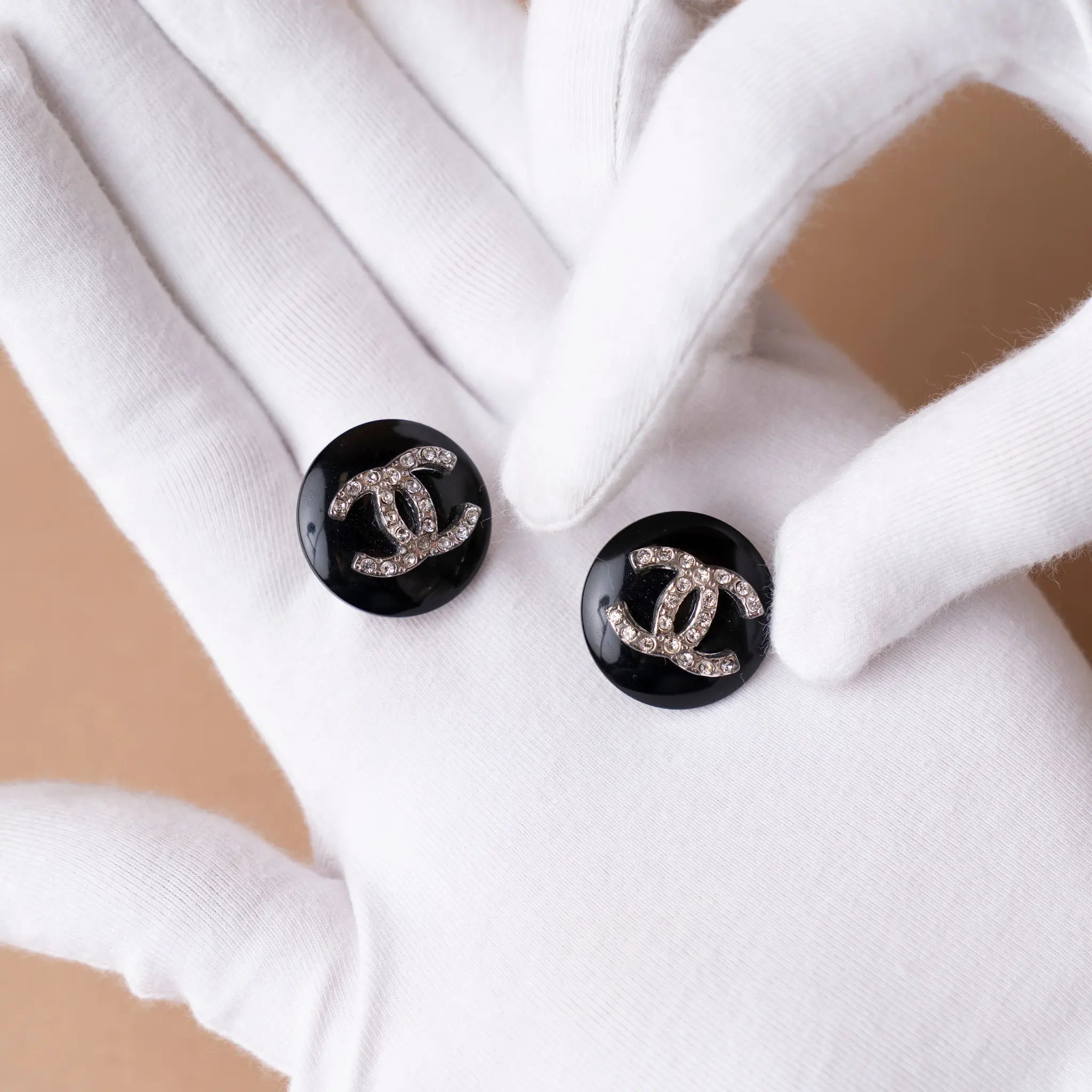 Chanel Resin CC Rhinestones Round Clip On Earrings — Front View