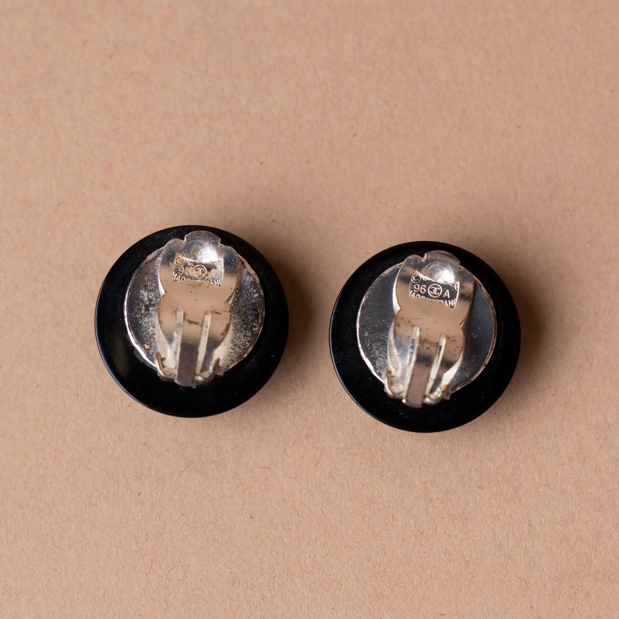 Chanel Resin CC Rhinestones Round Clip On Earrings — Back View
