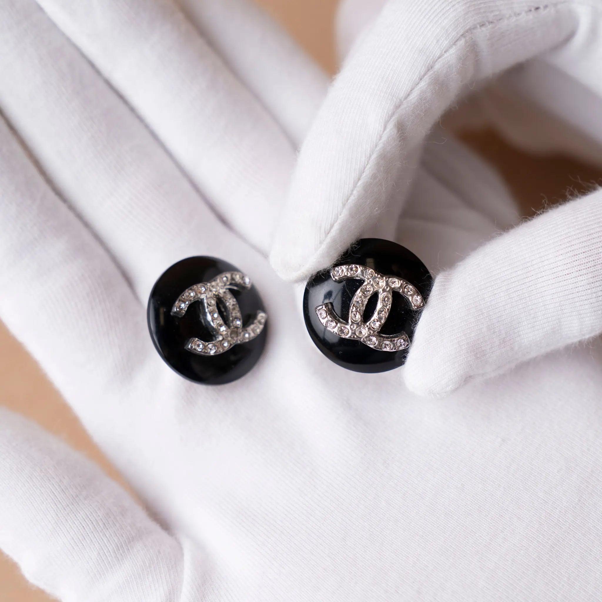 Chanel Resin CC Rhinestones Round Clip On Earrings — Interior Detail
