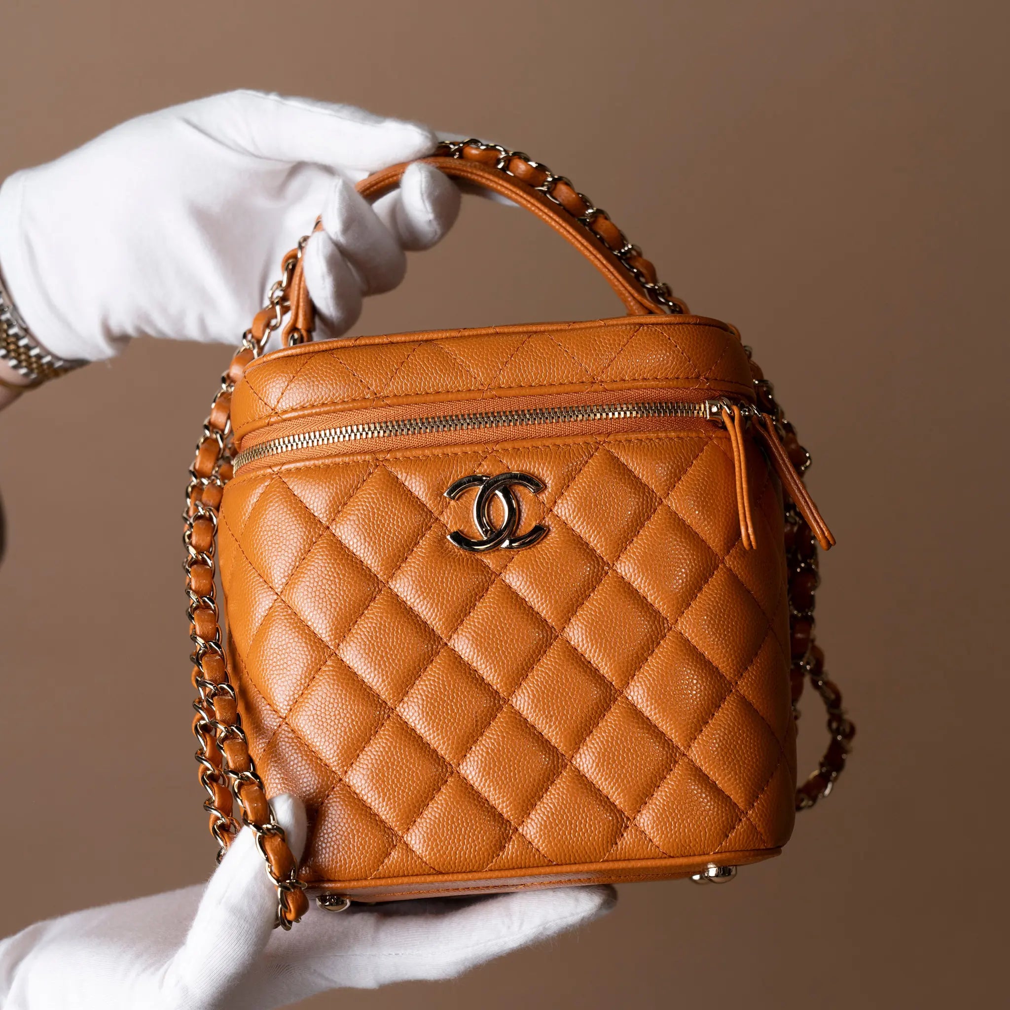 Chanel Small CC Caviar Top Handle Vanity Case with Chain — Interior Detail