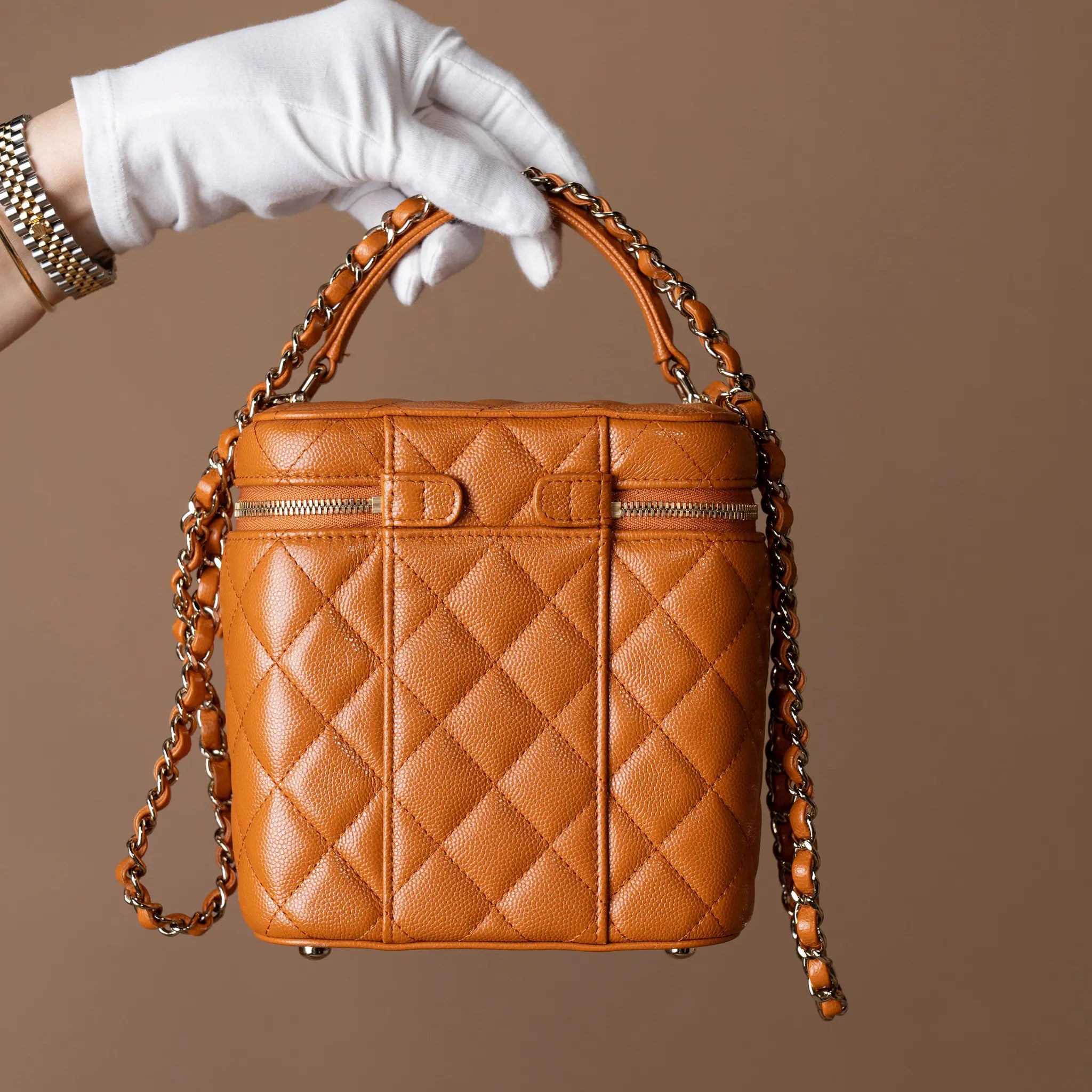 Chanel Small CC Caviar Top Handle Vanity Case with Chain — Close-up Detail