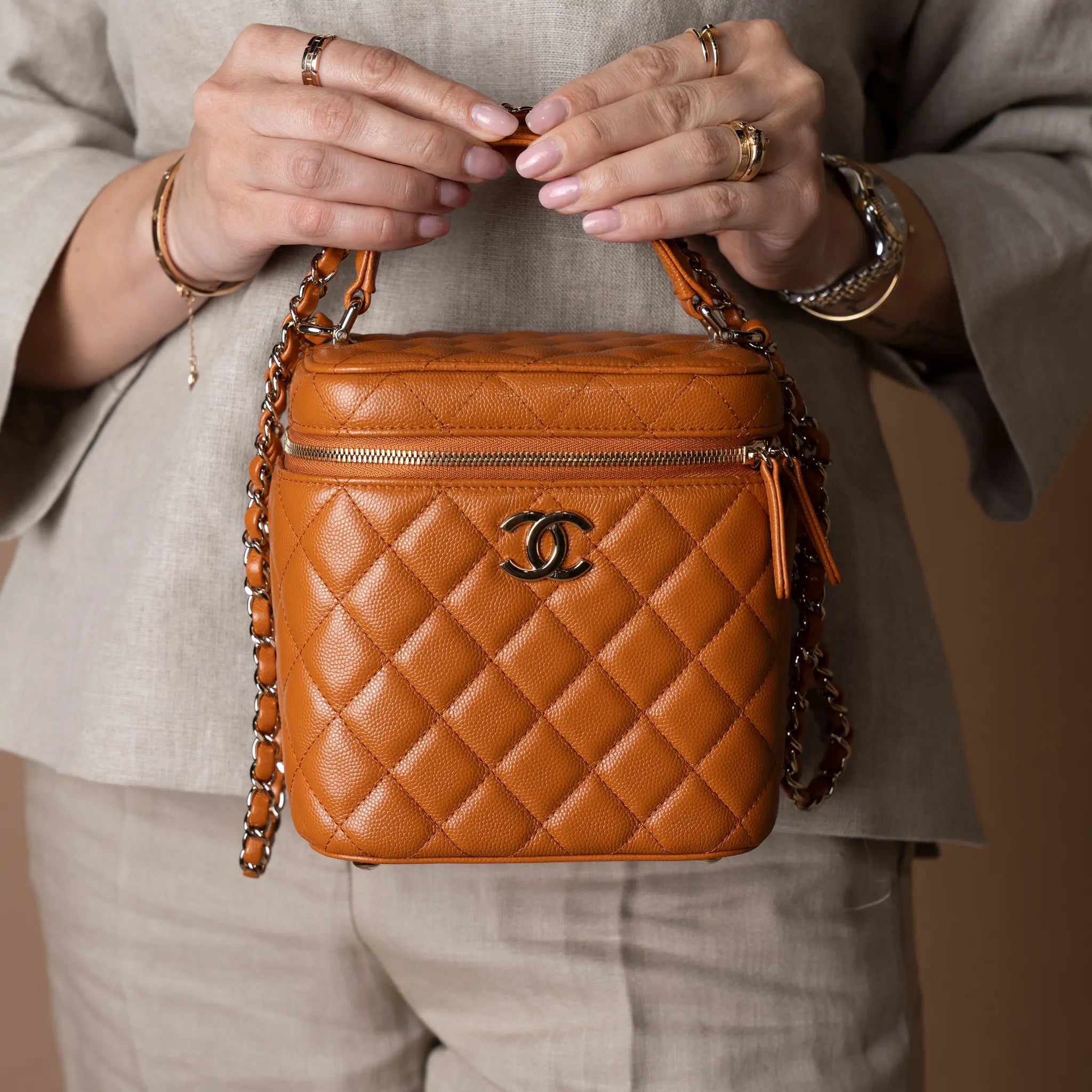 Chanel Small CC Caviar Top Handle Vanity Case with Chain — Detail View