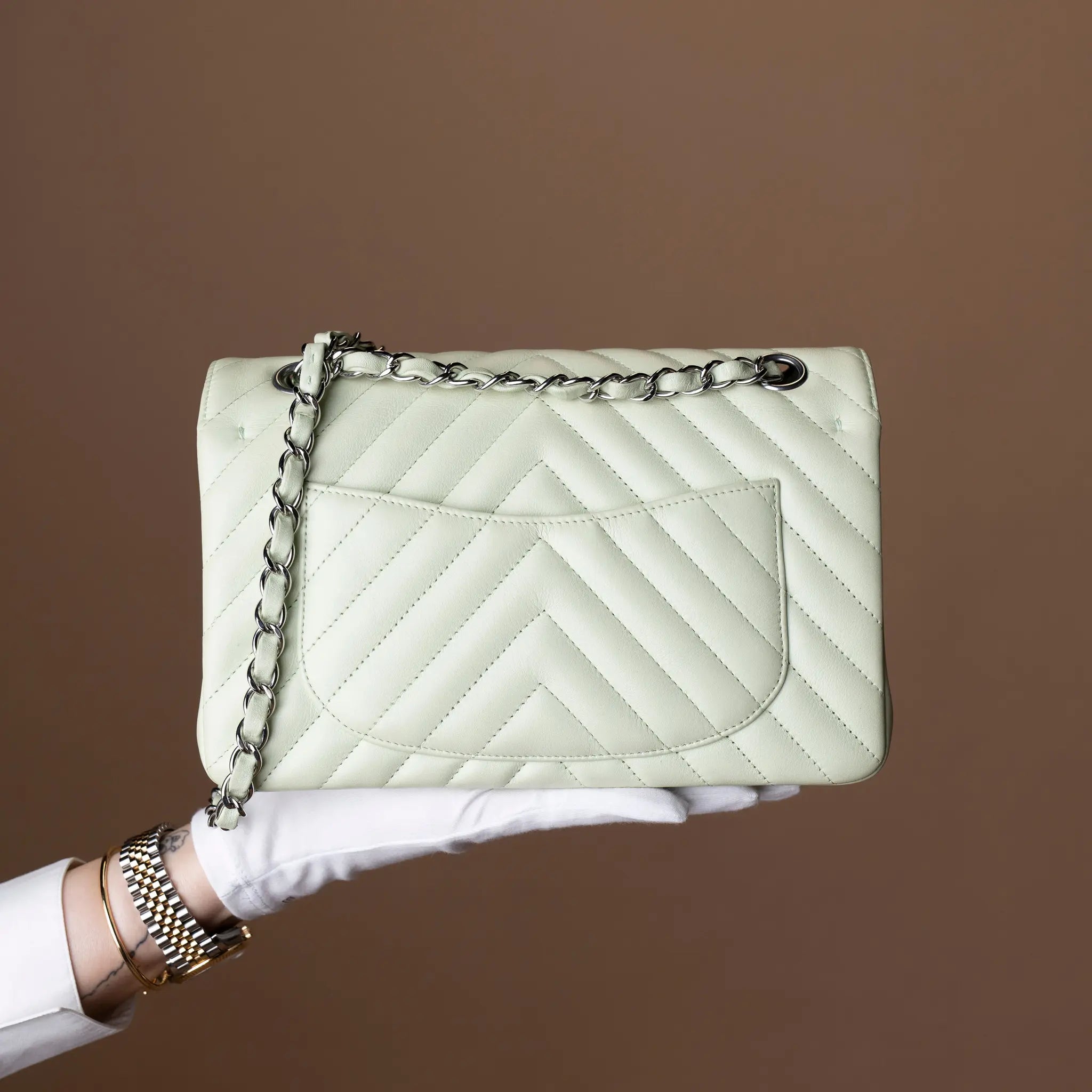 Chanel Small Classic Chevron Lambskin Double Flap — Interior Detail