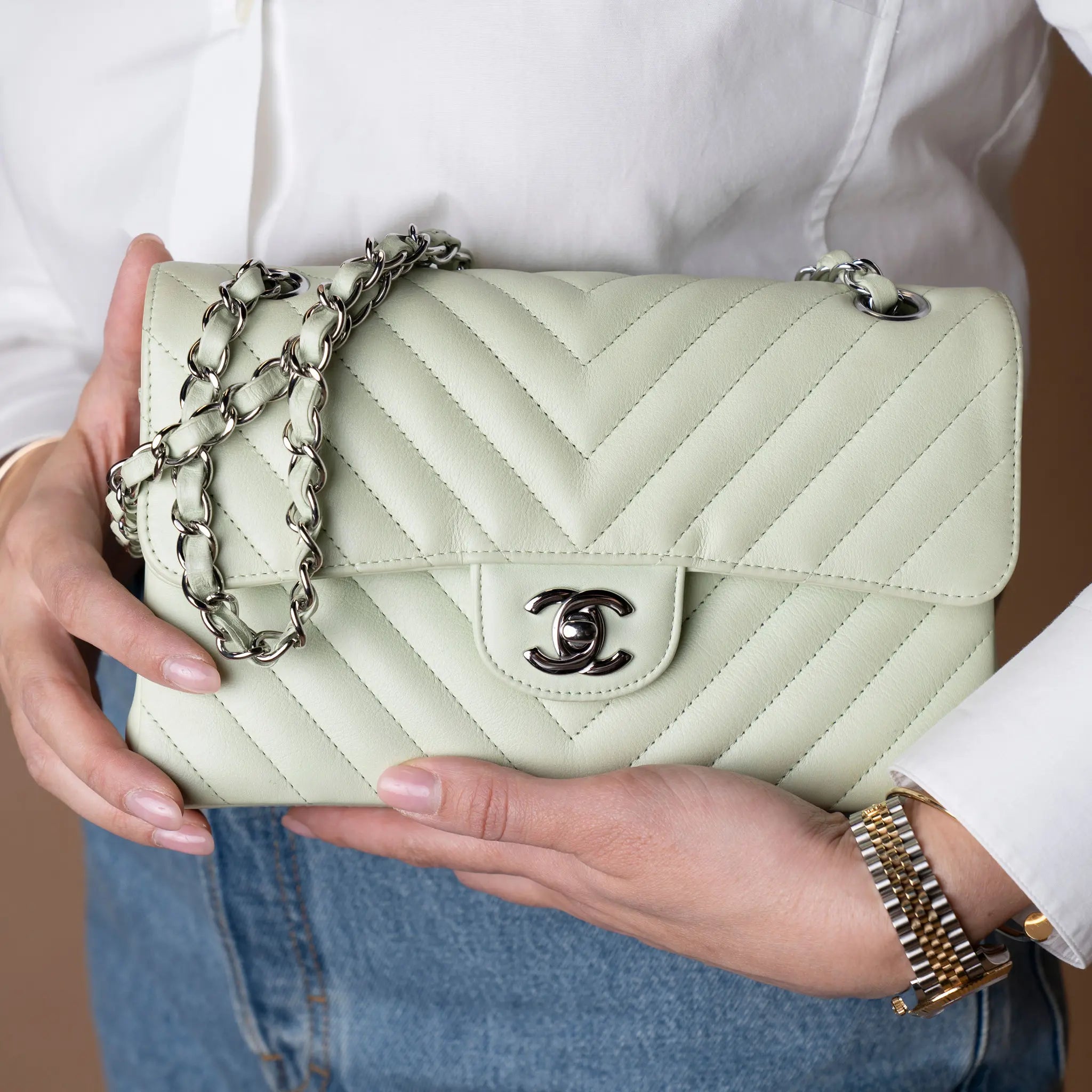 Chanel Small Classic Chevron Lambskin Double Flap — Close-up Detail