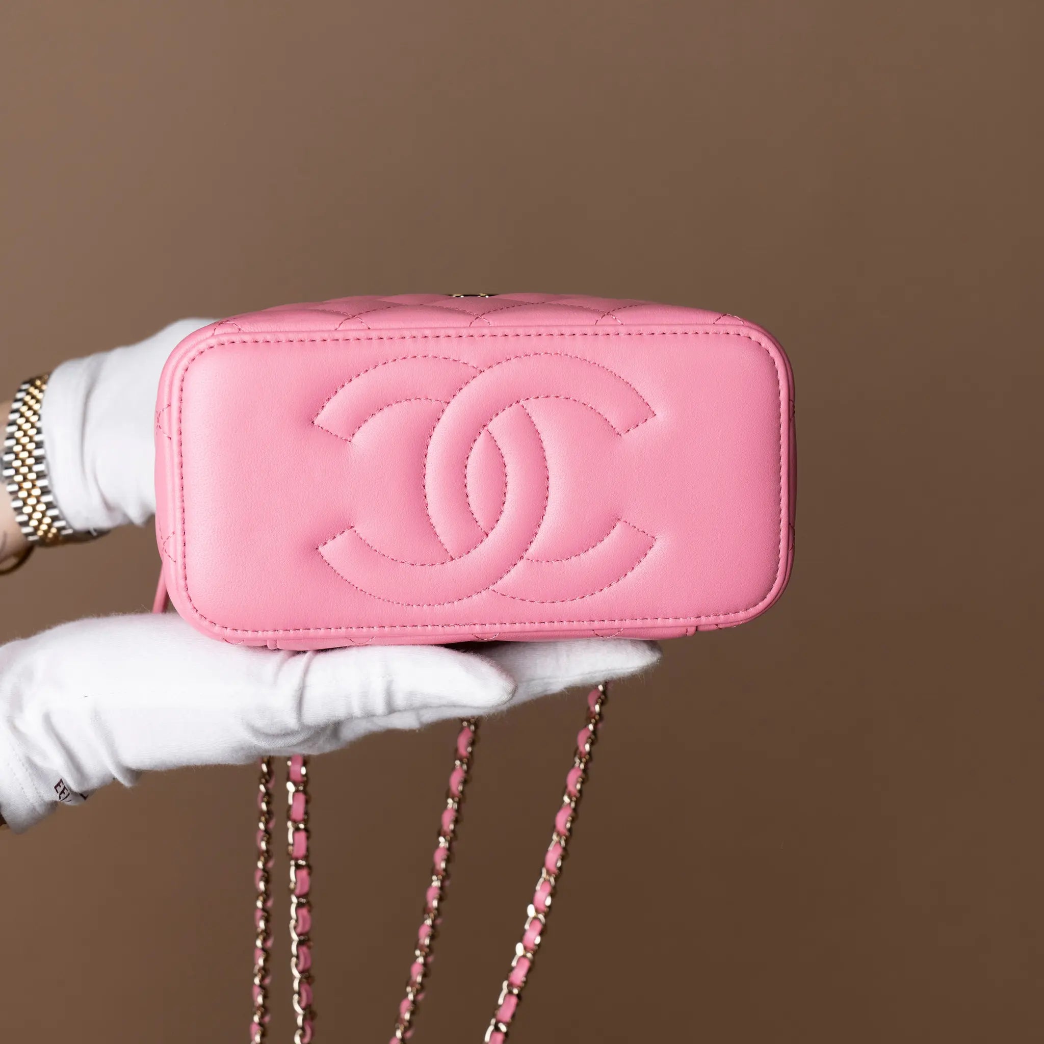 Chanel Small Lambskin Top Handle Vanity Case with Chain — Back View