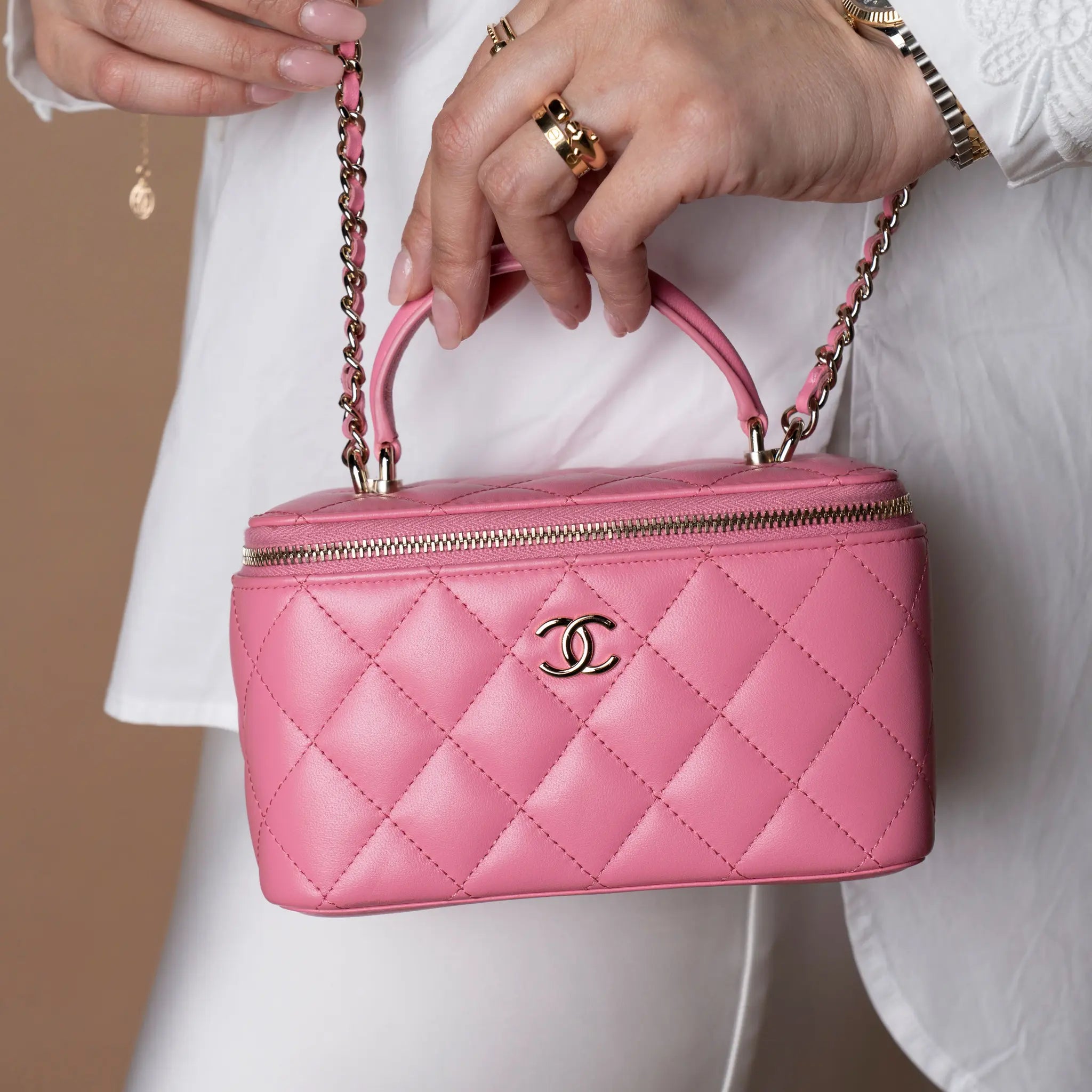 Chanel Small Lambskin Top Handle Vanity Case with Chain — Side Profile