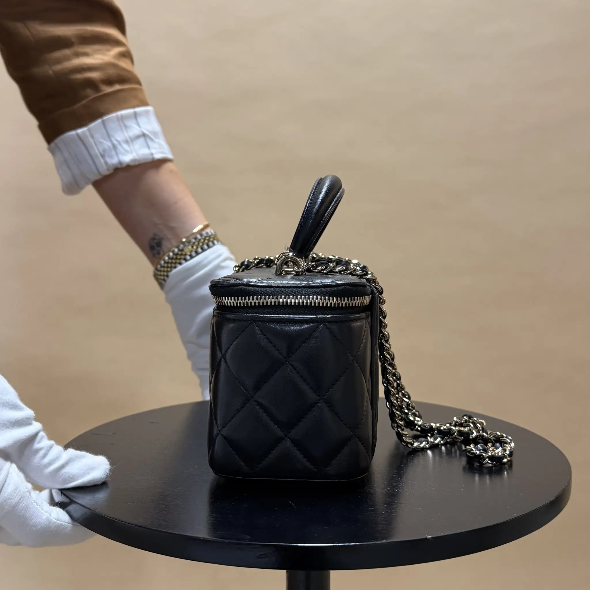 Chanel Small Lambskin Top Handle Vanity Case with Chain — Back View