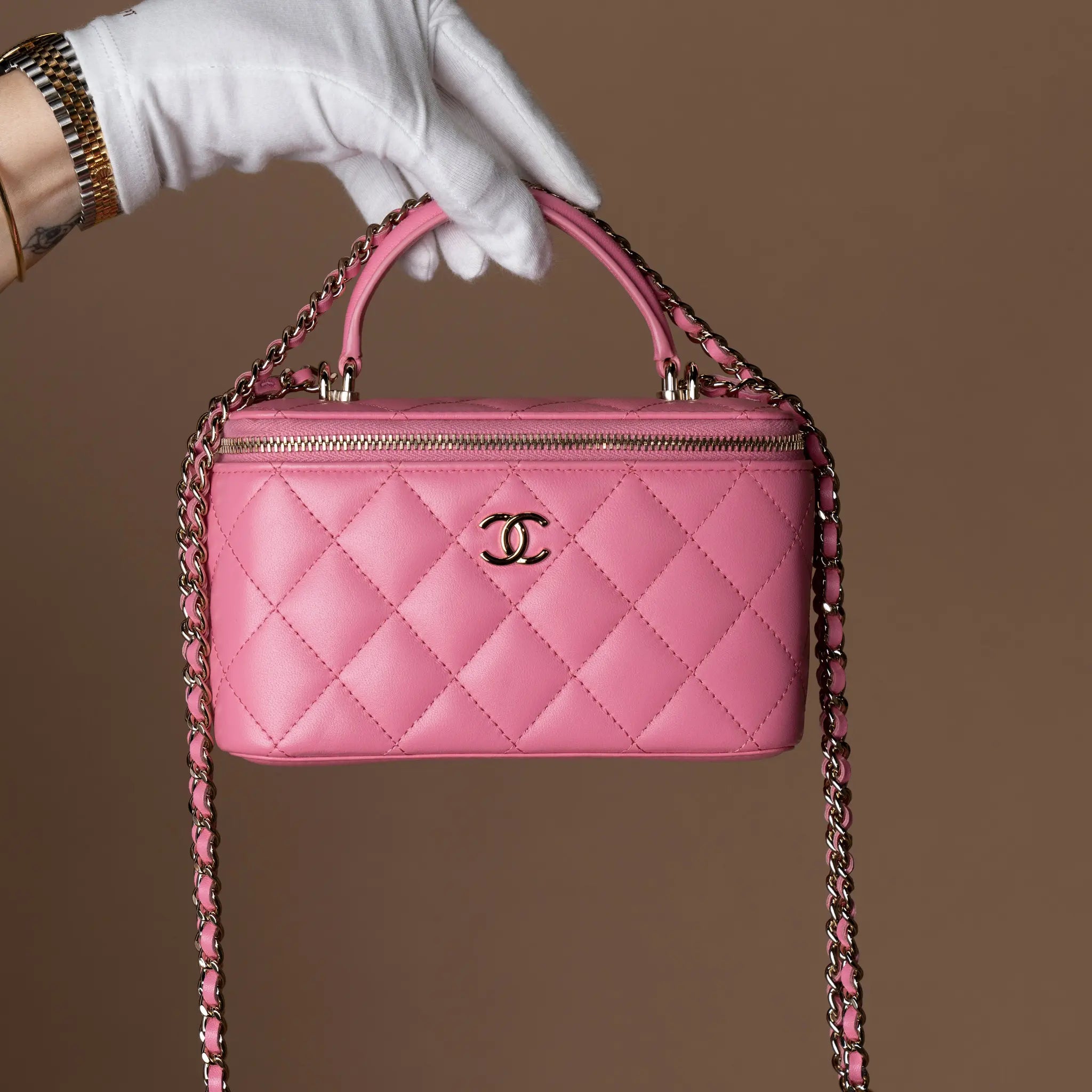 Chanel Small Lambskin Top Handle Vanity Case with Chain — Interior Detail