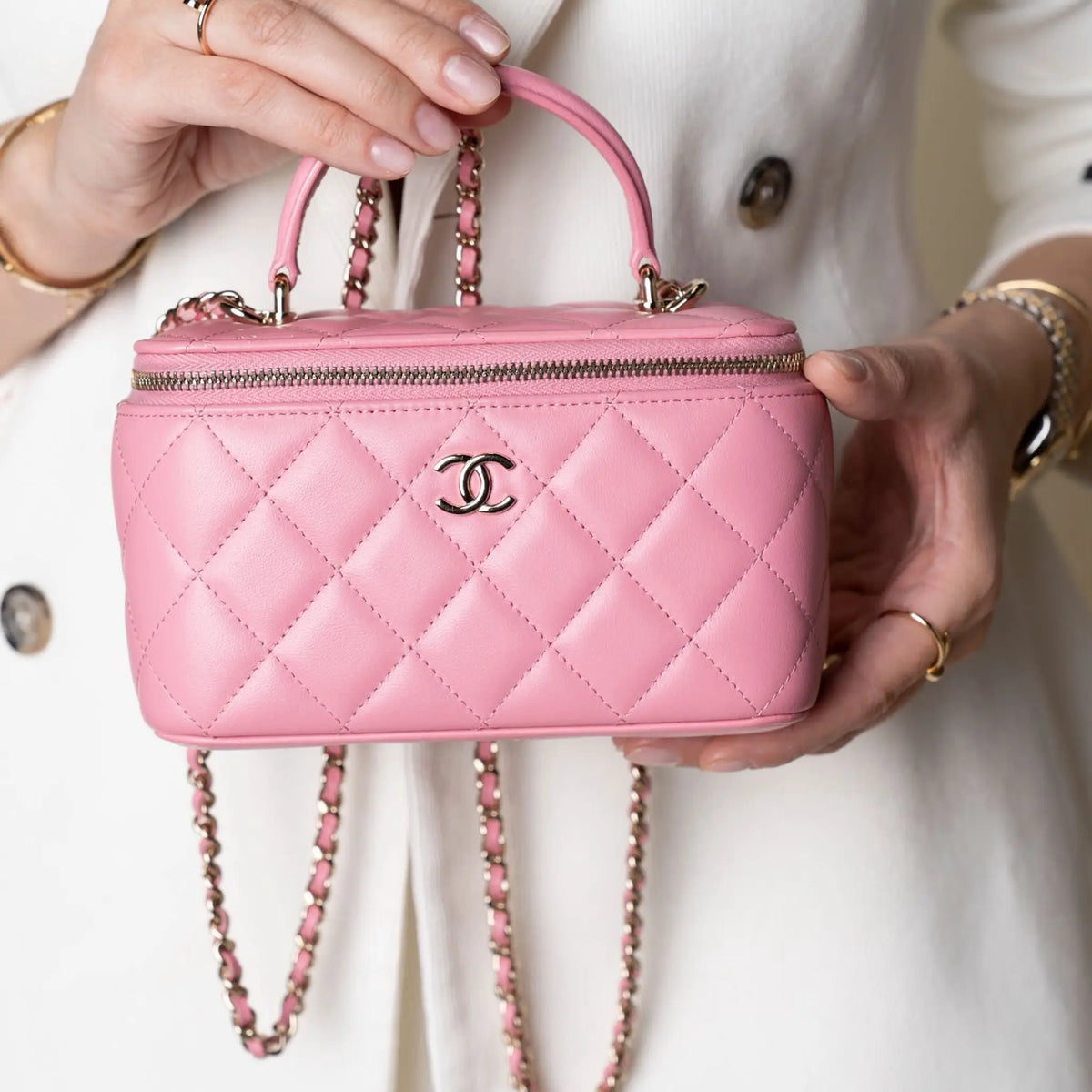 Chanel Small Lambskin Top Handle Vanity Case with Chain — Side Profile