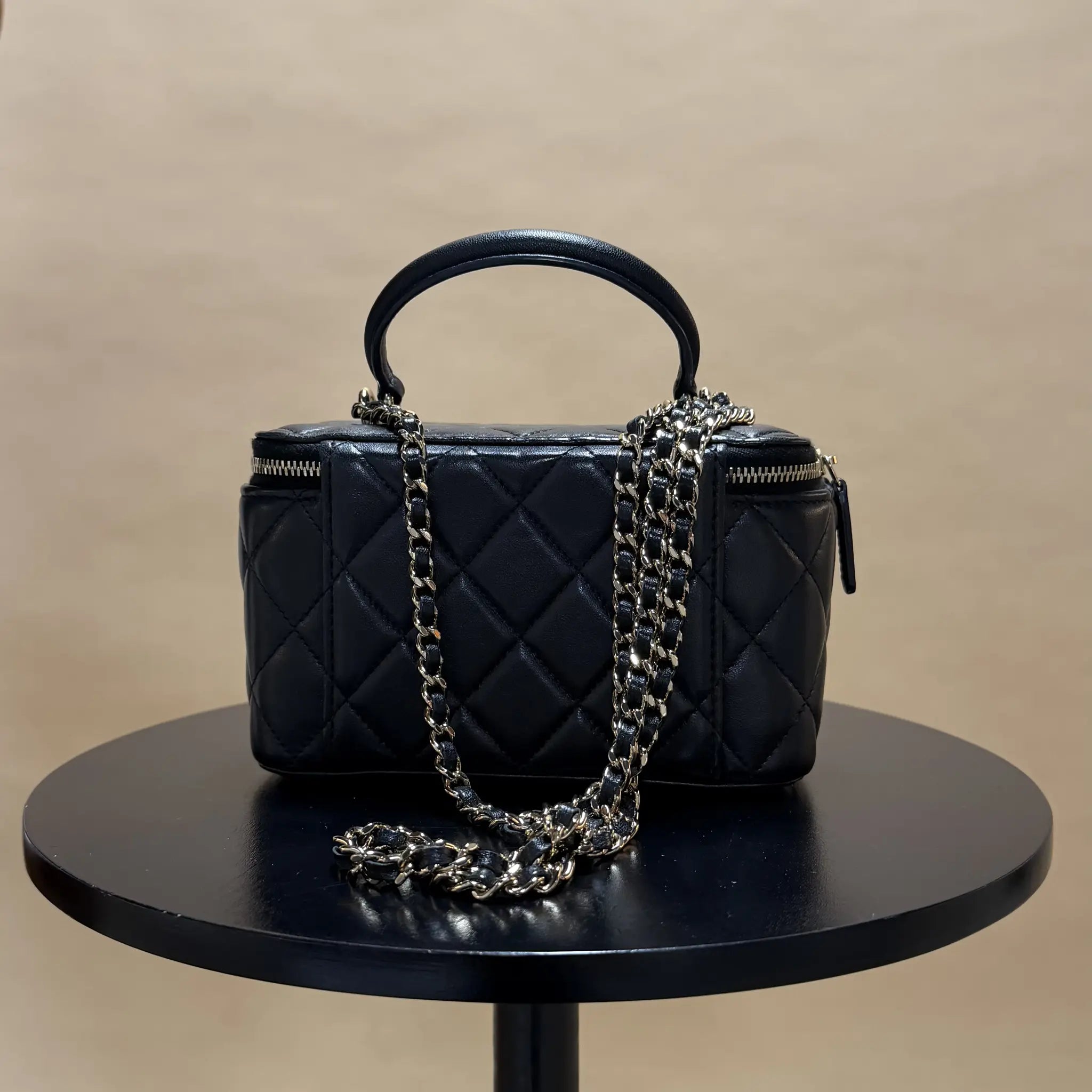 Chanel Small Lambskin Top Handle Vanity Case with Chain — Side Profile