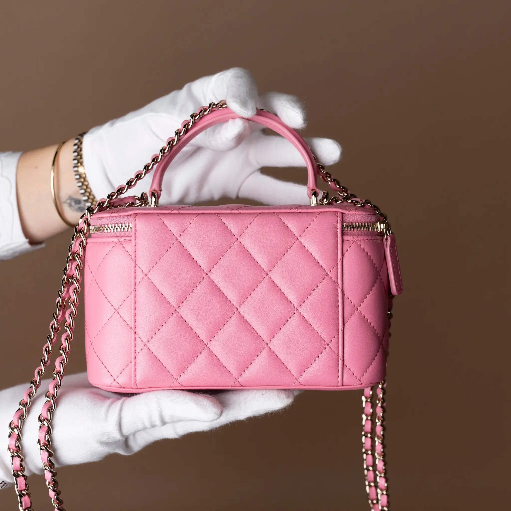 Chanel Small Lambskin Top Handle Vanity Case with Chain — Close-up Detail