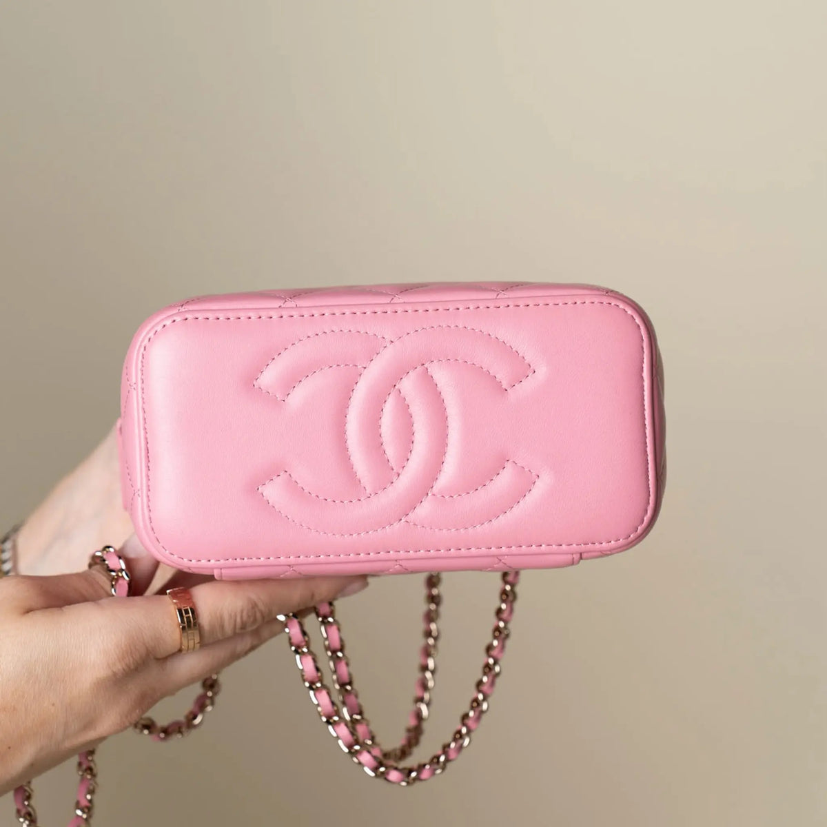 Chanel Small Lambskin Top Handle Vanity Case with Chain — Interior Detail