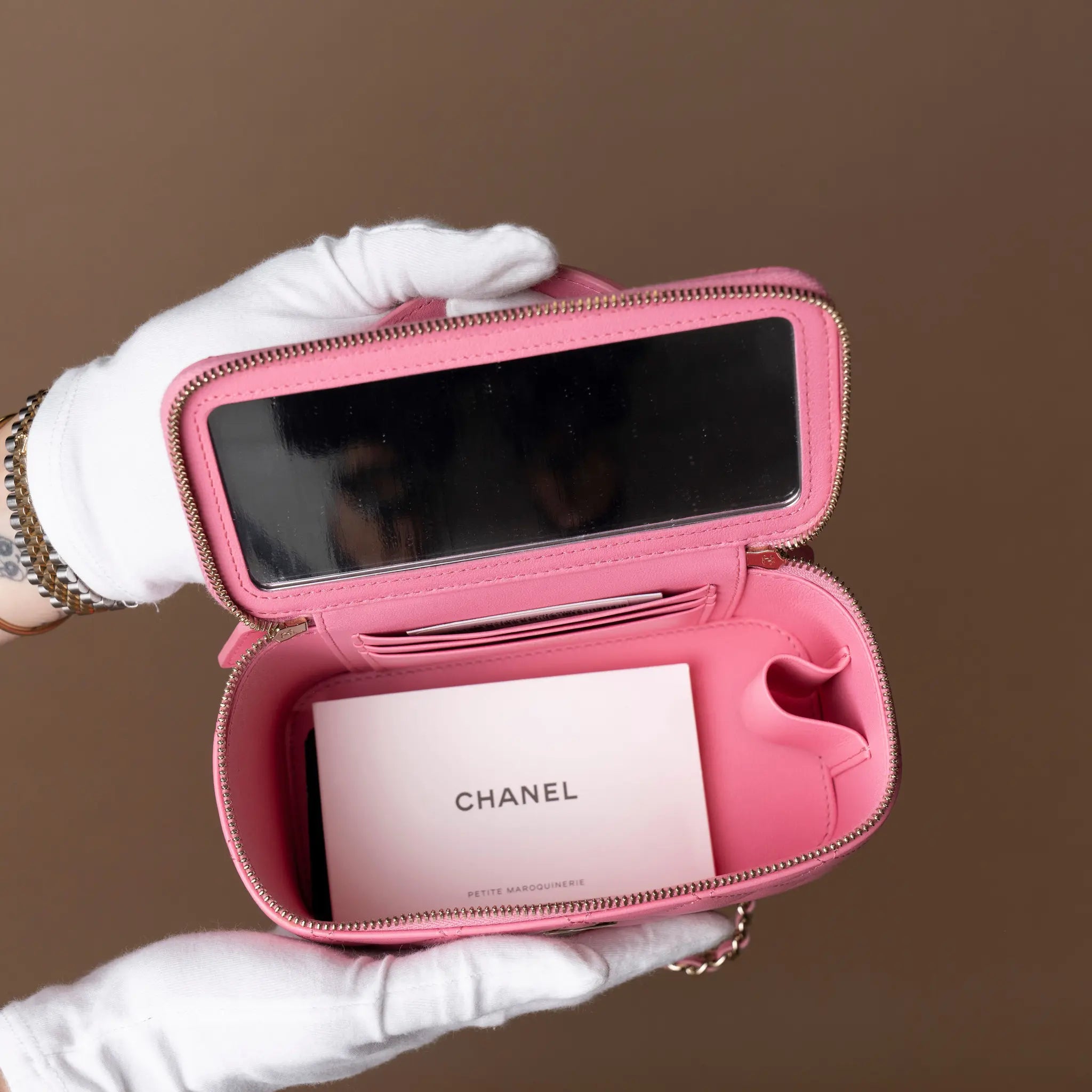 Chanel Small Lambskin Top Handle Vanity Case with Chain — Detail View