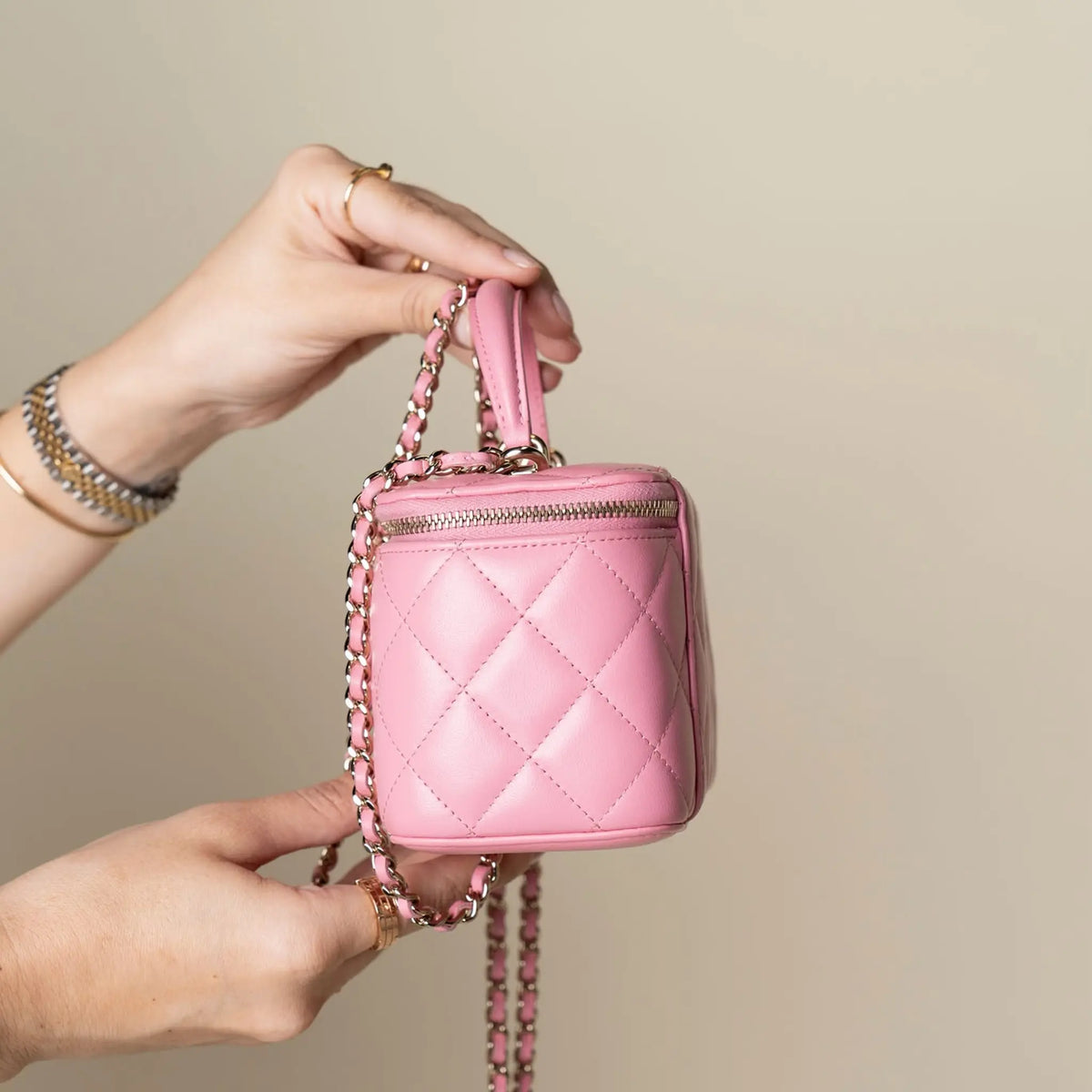 Chanel Small Lambskin Top Handle Vanity Case with Chain — Close-up Detail