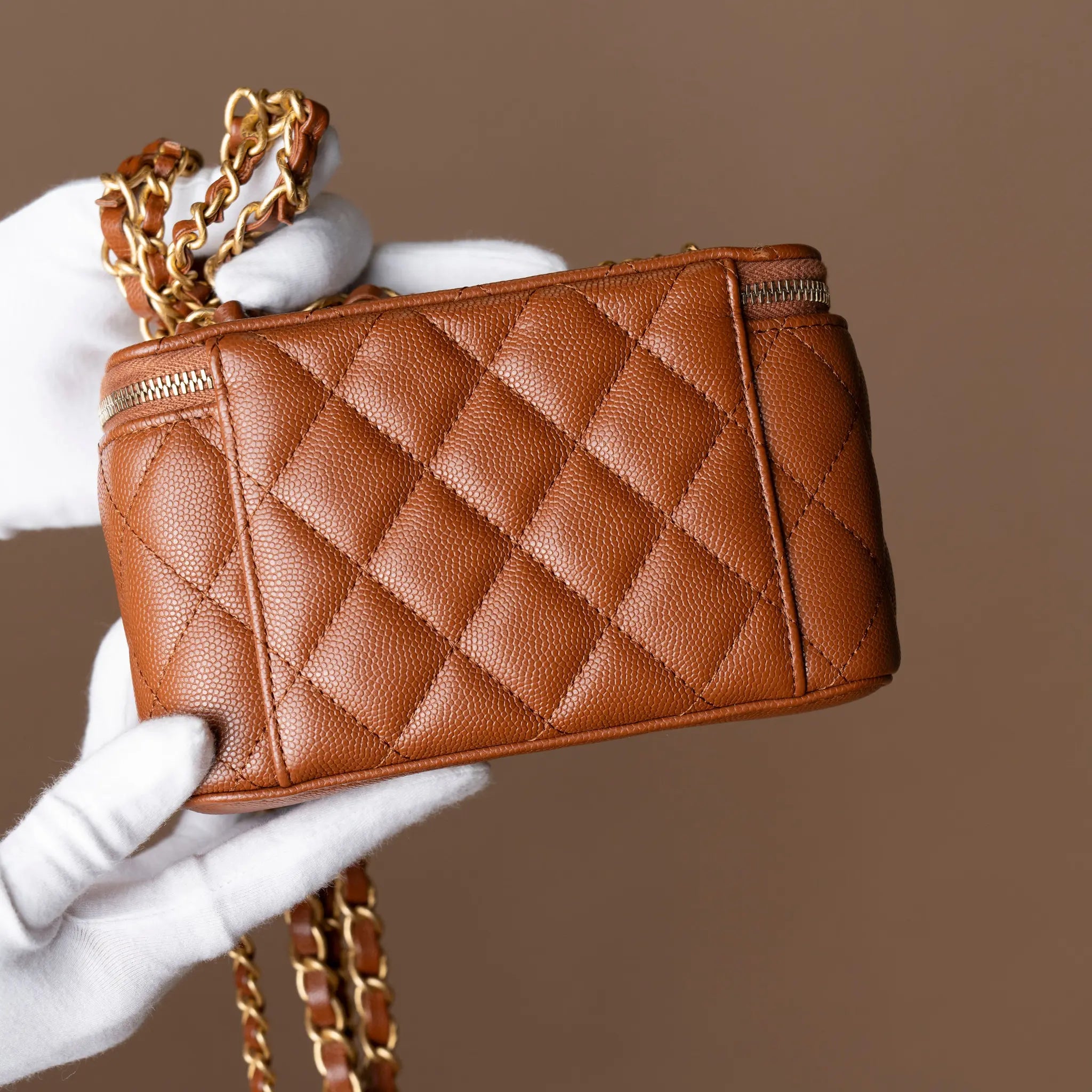 Chanel Small Quilted Caviar Vanity Case With Chain — Side Profile