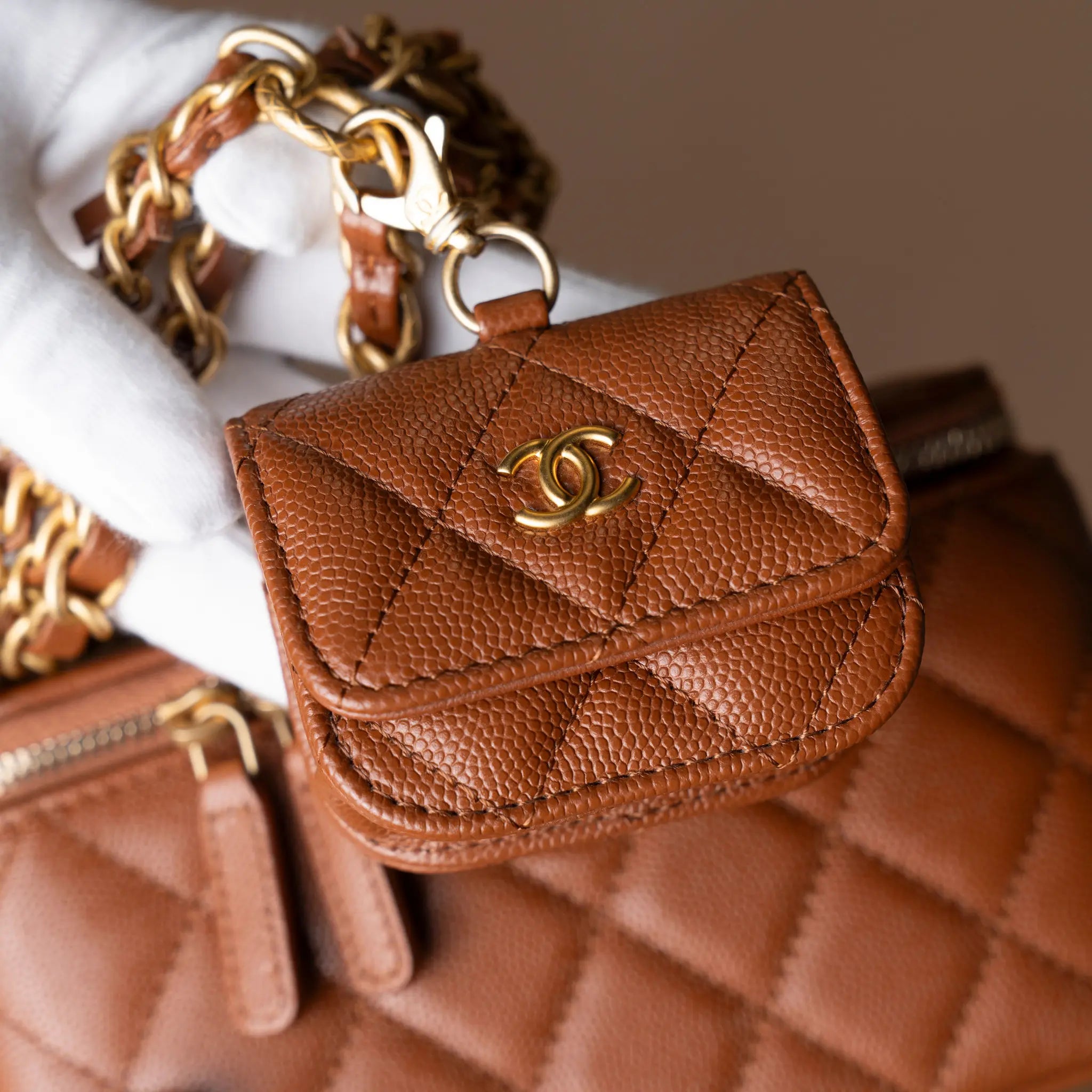 Chanel Small Quilted Caviar Vanity Case With Chain — Interior Detail