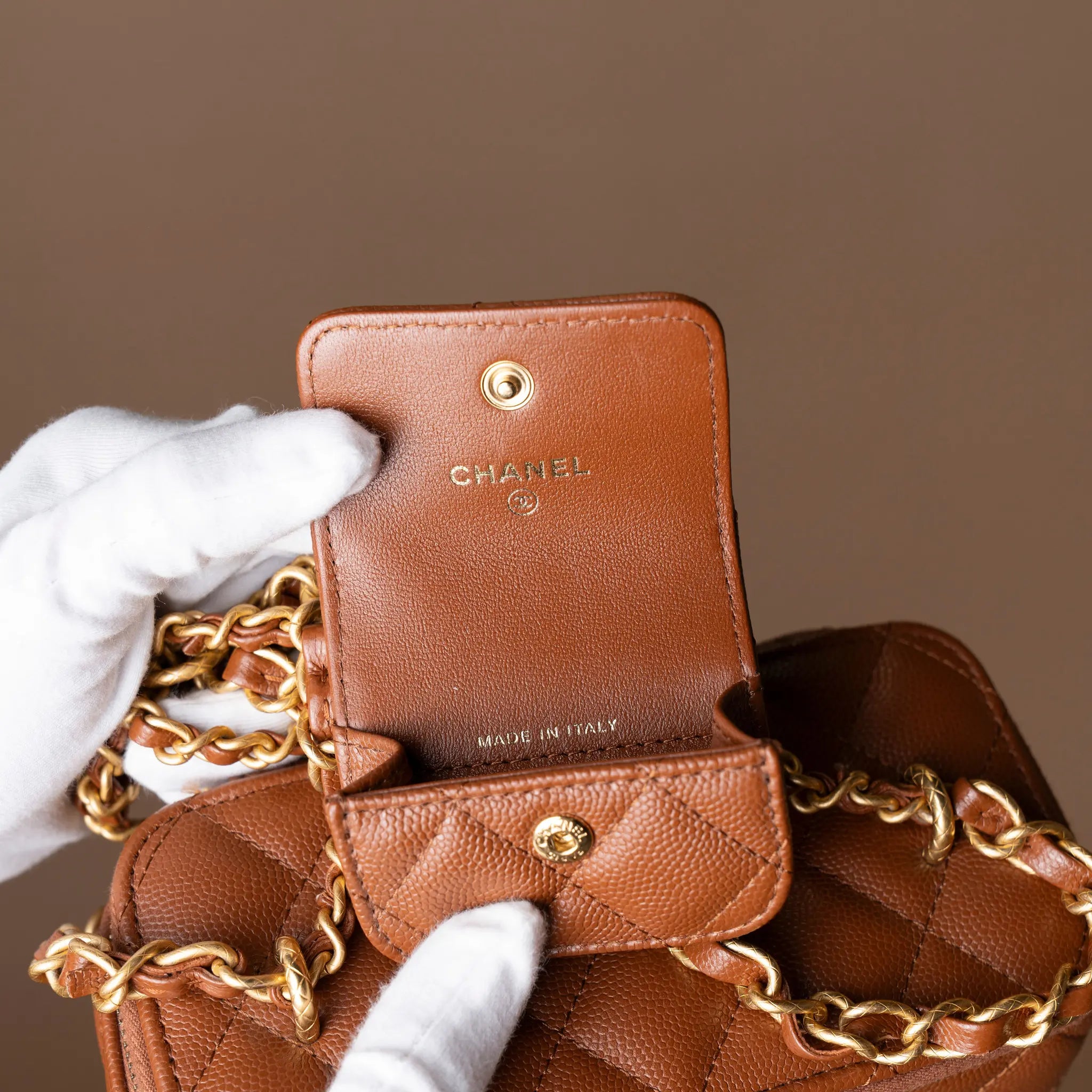 Chanel Small Quilted Caviar Vanity Case With Chain — Close-up Detail