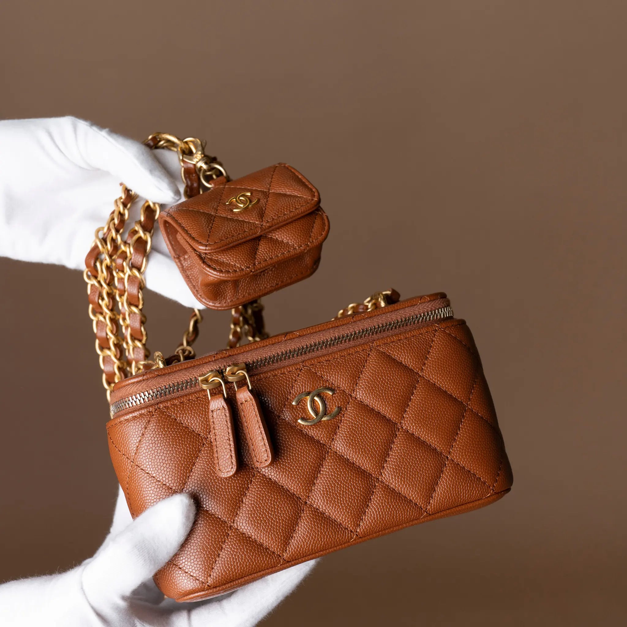 Chanel Small Quilted Caviar Vanity Case With Chain — Detail View