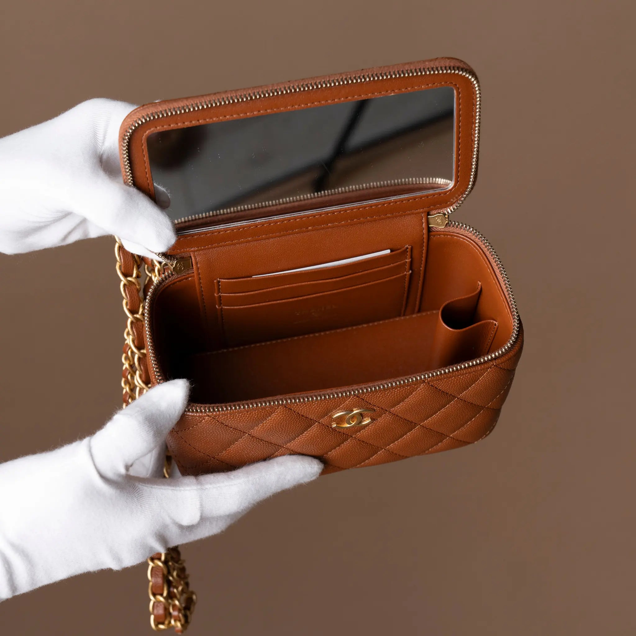 Chanel Small Quilted Caviar Vanity Case With Chain — Detail View