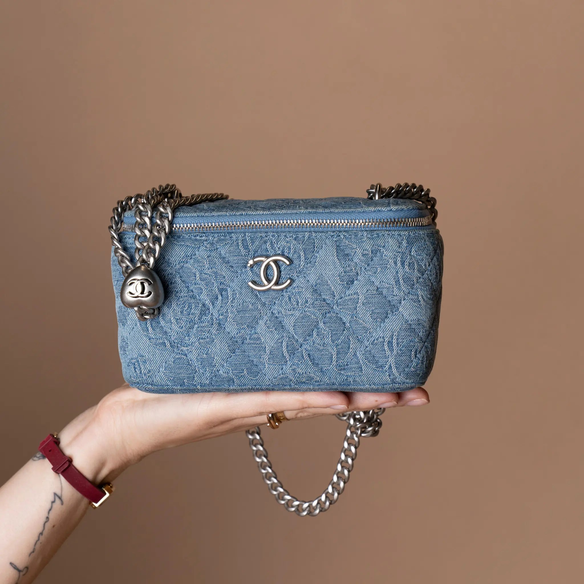 Chanel Small Quilted Denim Camellia Sweetheart Vanity Case With Chain — Featured Image