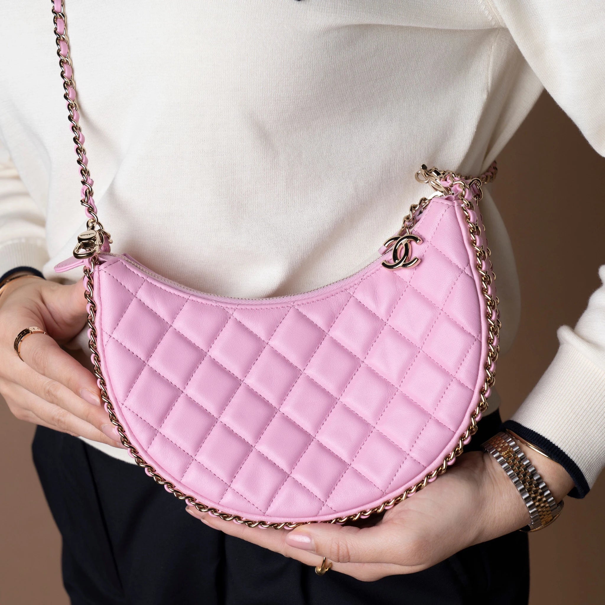 Chanel Small Quilted Lambskin Chain Around Hook Hobo Bag