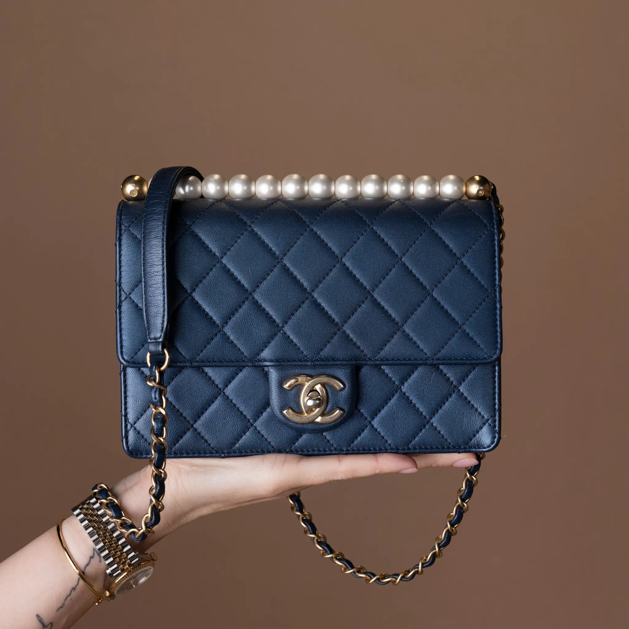 Chanel Small Quilted Lambskin Chic Pearls Flap — Front View