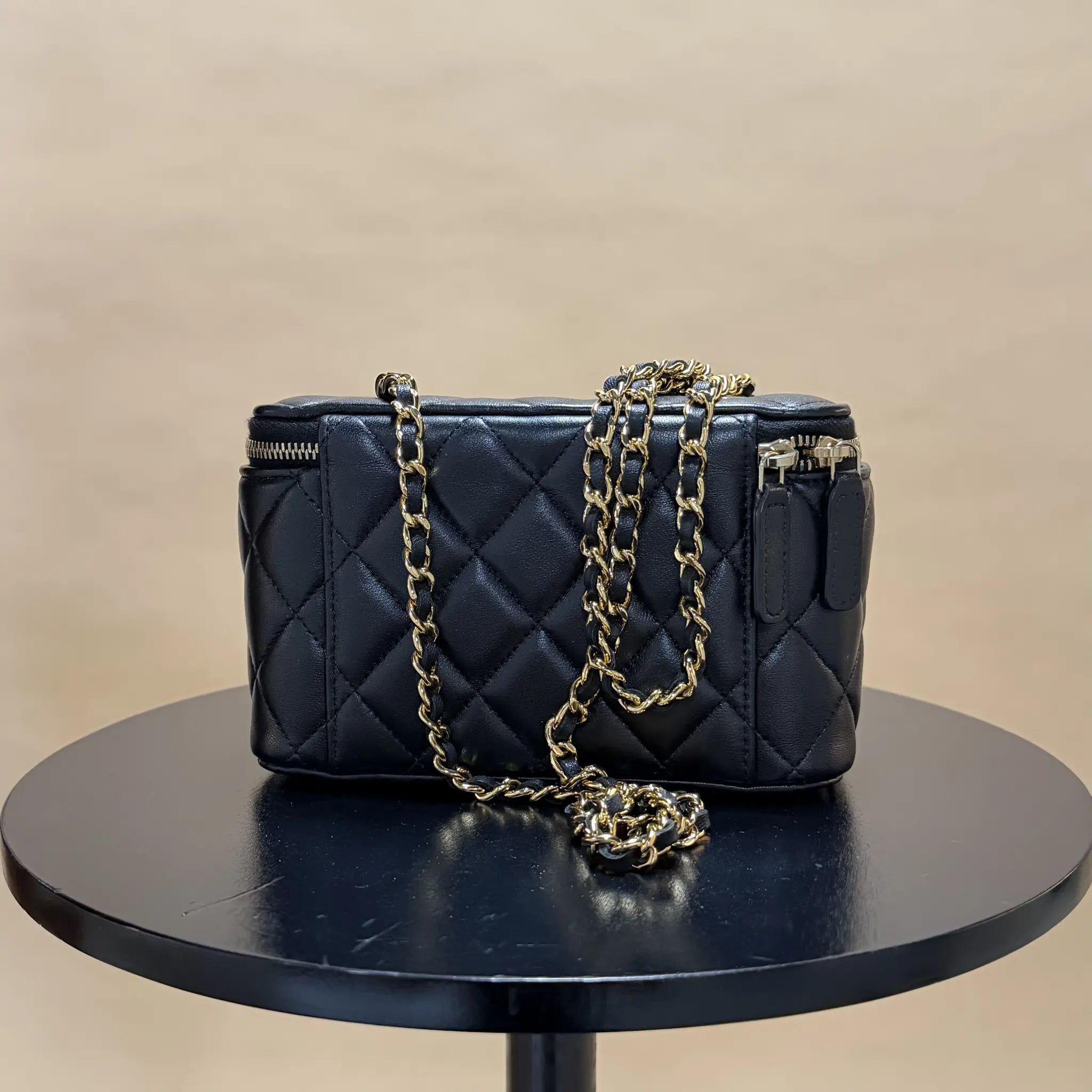 Chanel Small Quilted Lambskin Coco Casino Vanity Case With Chain — Back View