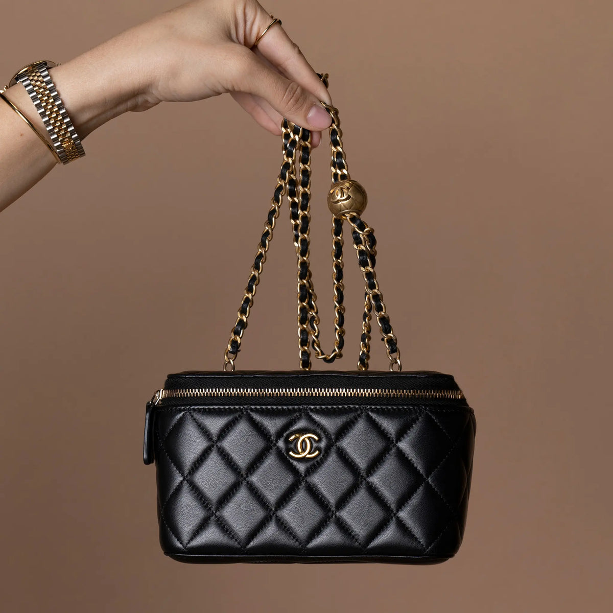Chanel Small Quilted Lambskin Pearl Crush Vanity Case with Chain — Featured Image