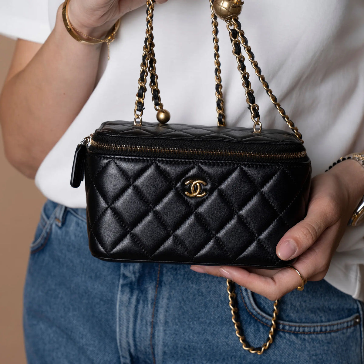 Chanel Small Quilted Lambskin Pearl Crush Vanity Case with Chain — Back View