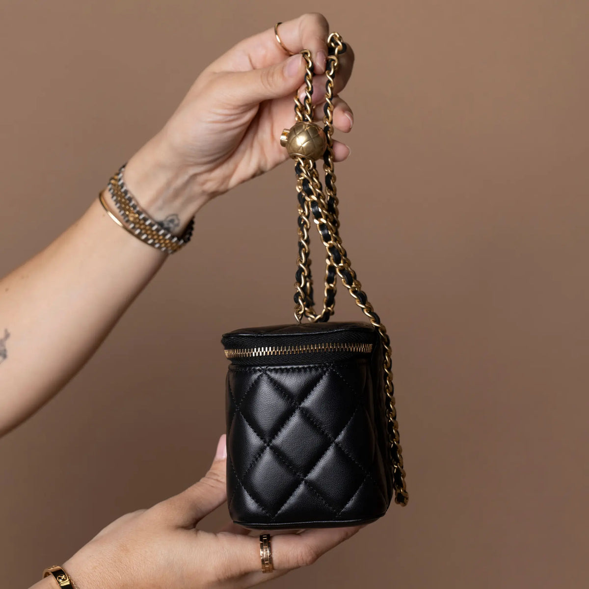 Chanel Small Quilted Lambskin Pearl Crush Vanity Case with Chain — Side Profile